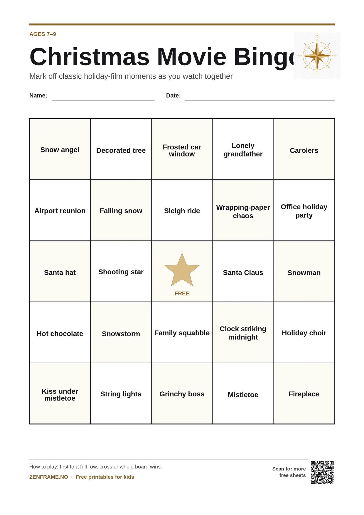 Christmas Movie Bingo for kids ages 7–9 – free printable A4 board