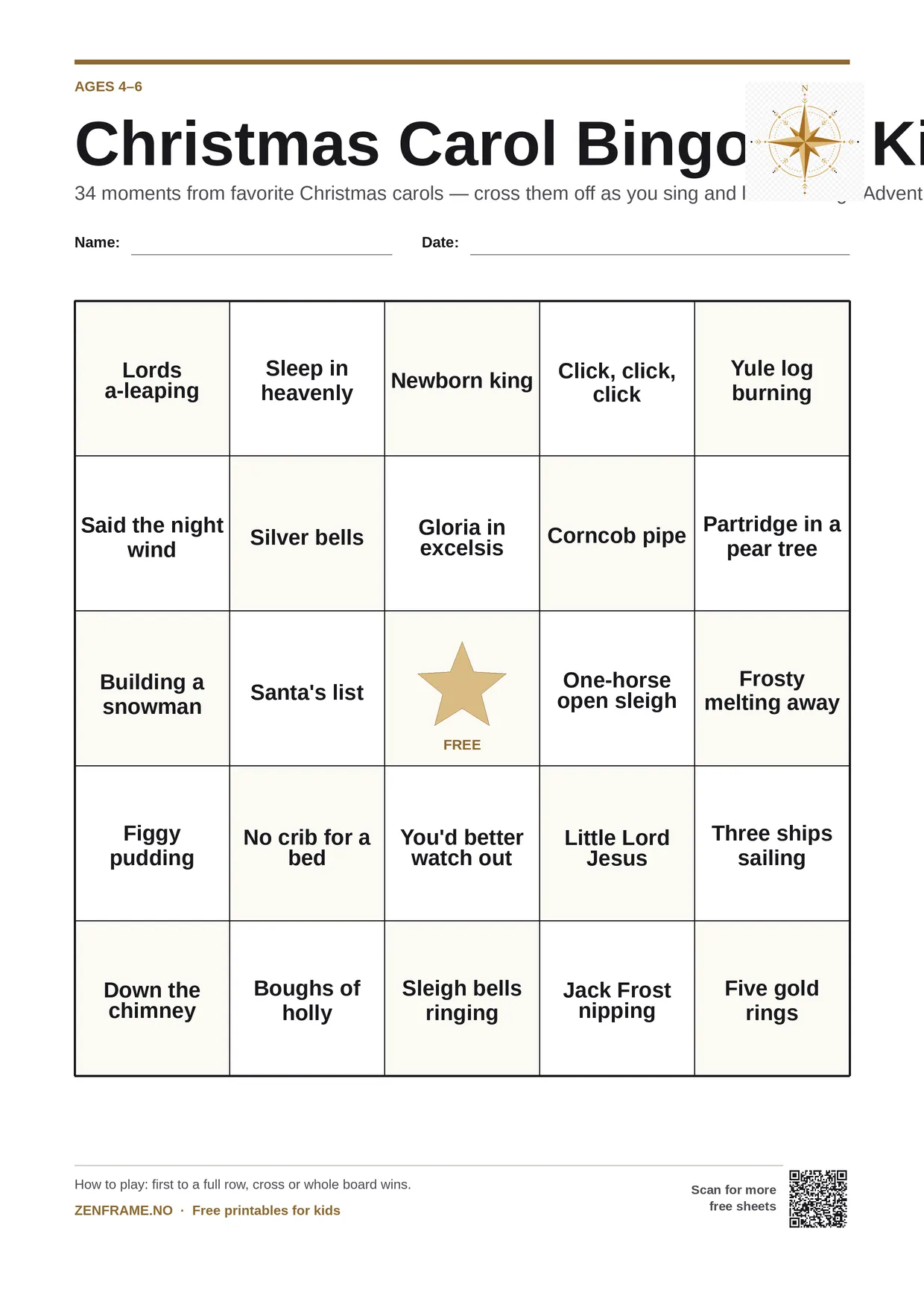 Christmas Carol Bingo for kids ages 4–6 – free printable A4 board