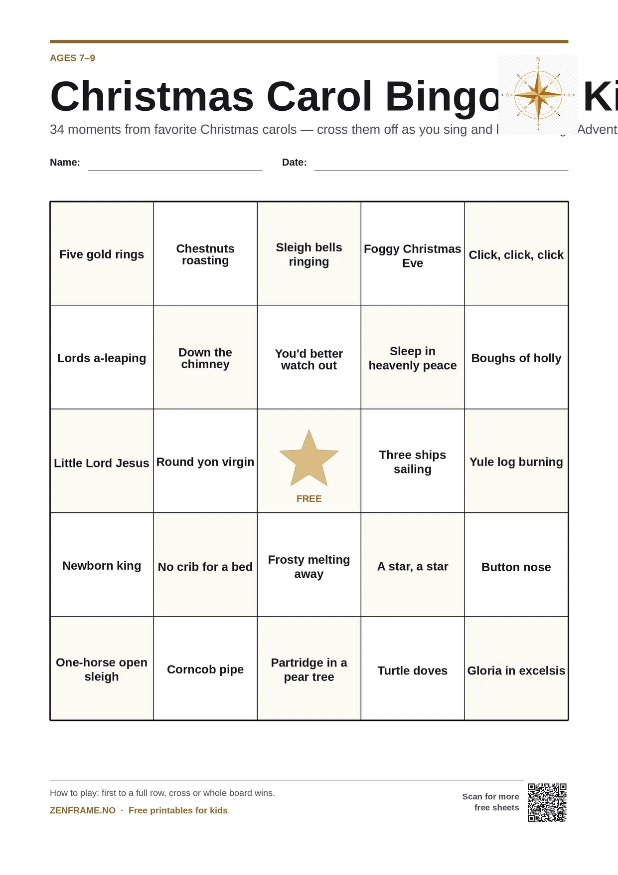 Christmas Carol Bingo for kids ages 7–9 – free printable A4 board