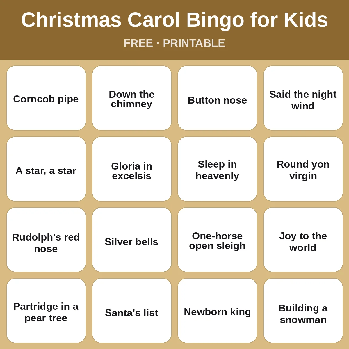 Christmas Carol Bingo for Kids – free printable bingo for kids