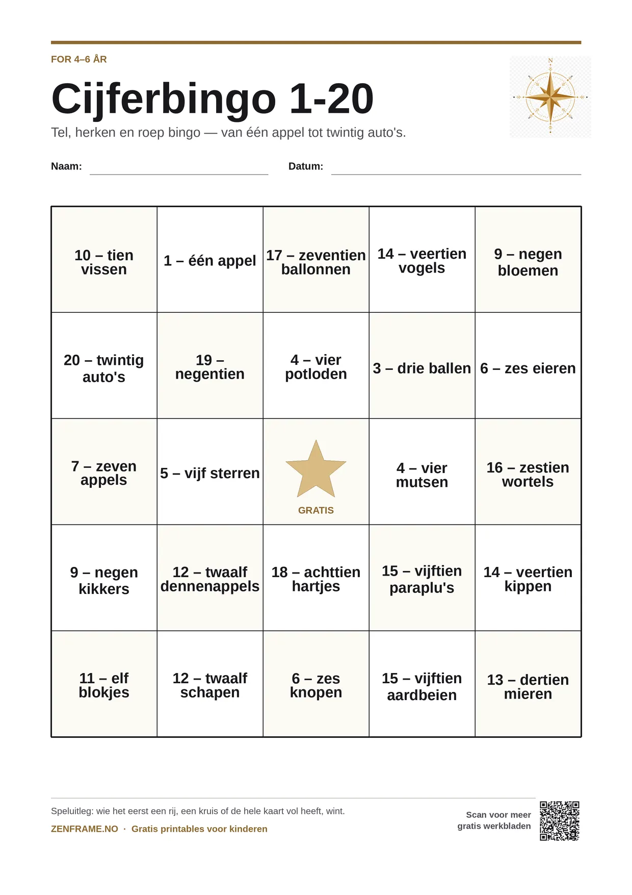 Cijferbingo 1-20 voor kinderen 4–6 jaar – gratis printbare A4-kaart