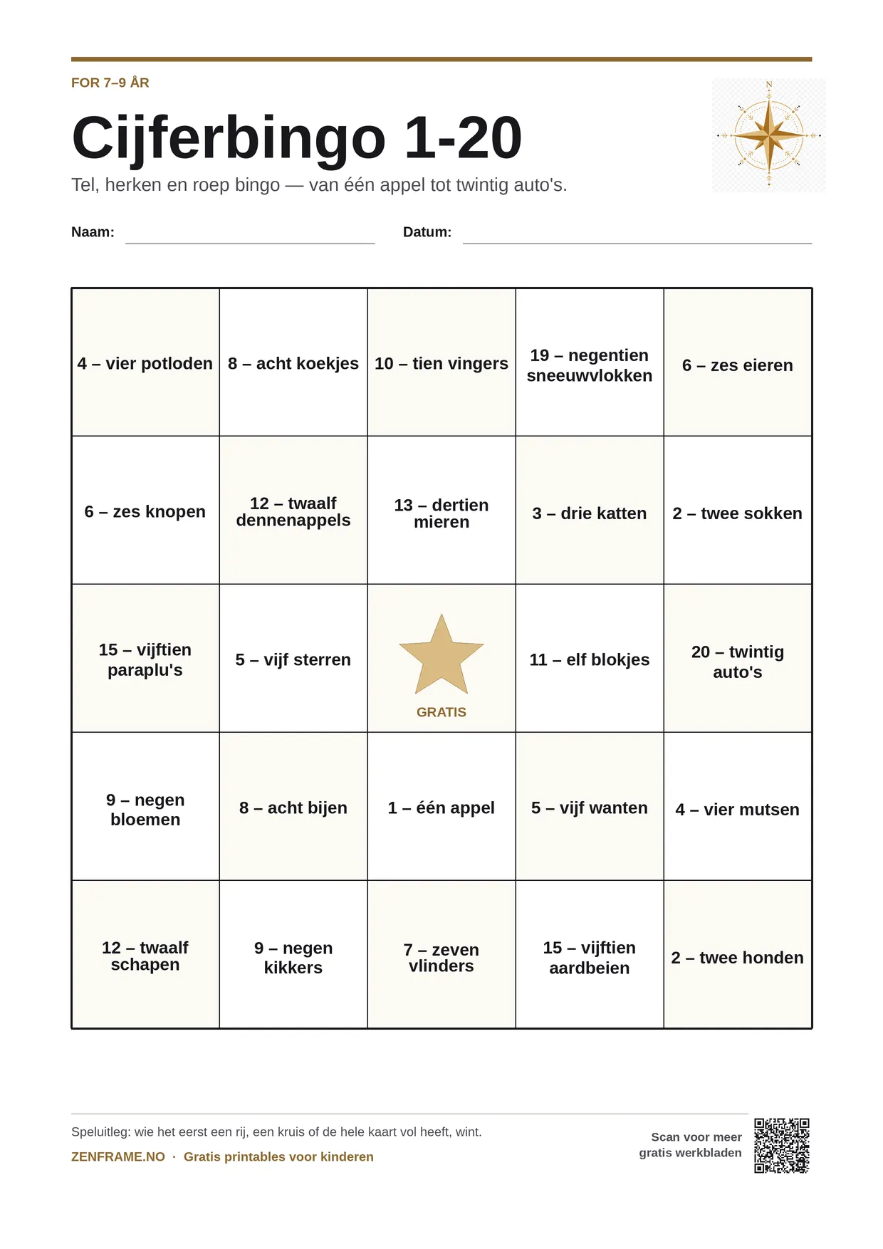 Cijferbingo 1-20 voor kinderen 7–9 jaar – gratis printbare A4-kaart