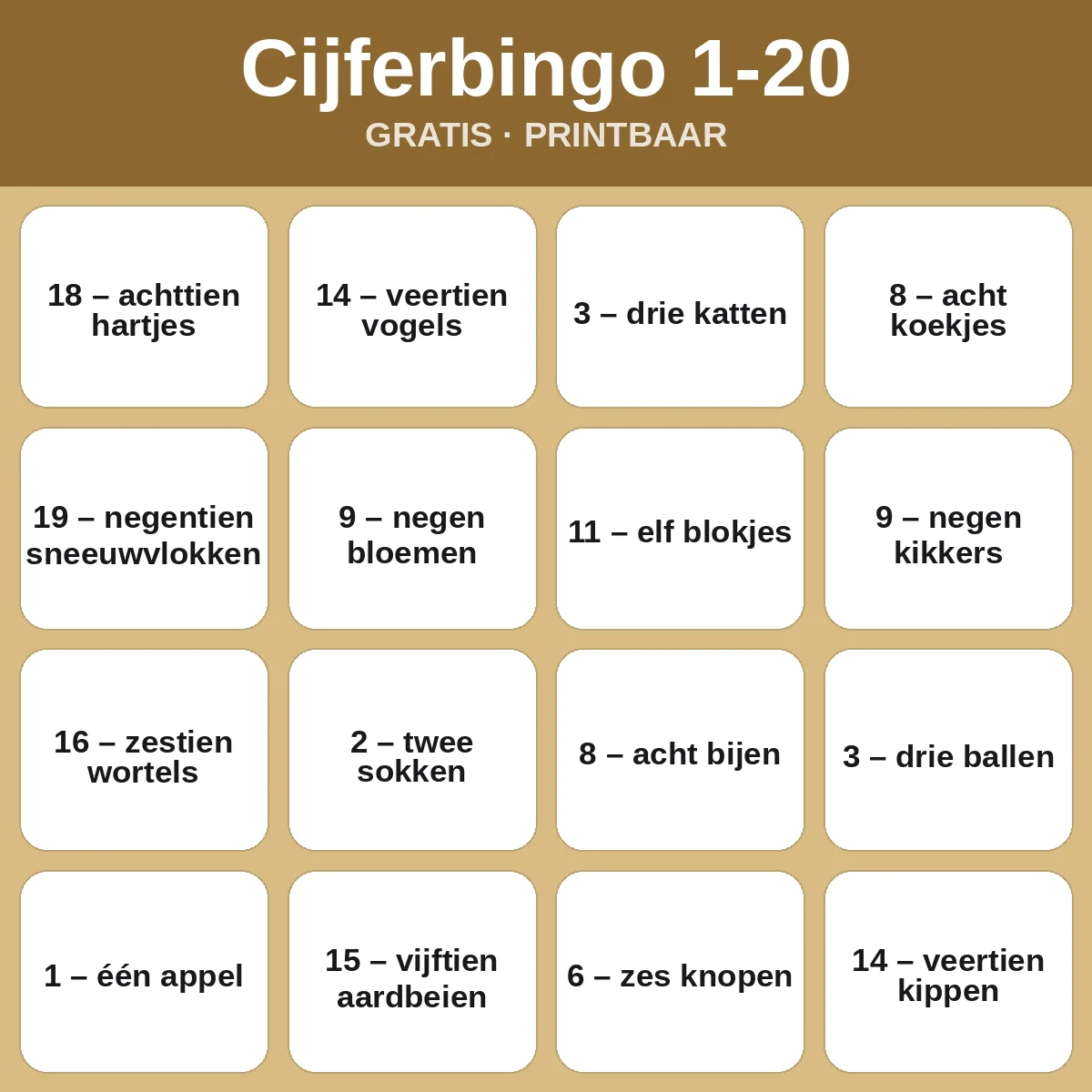 Cijferbingo 1-20 – gratis bingo om te printen voor kinderen