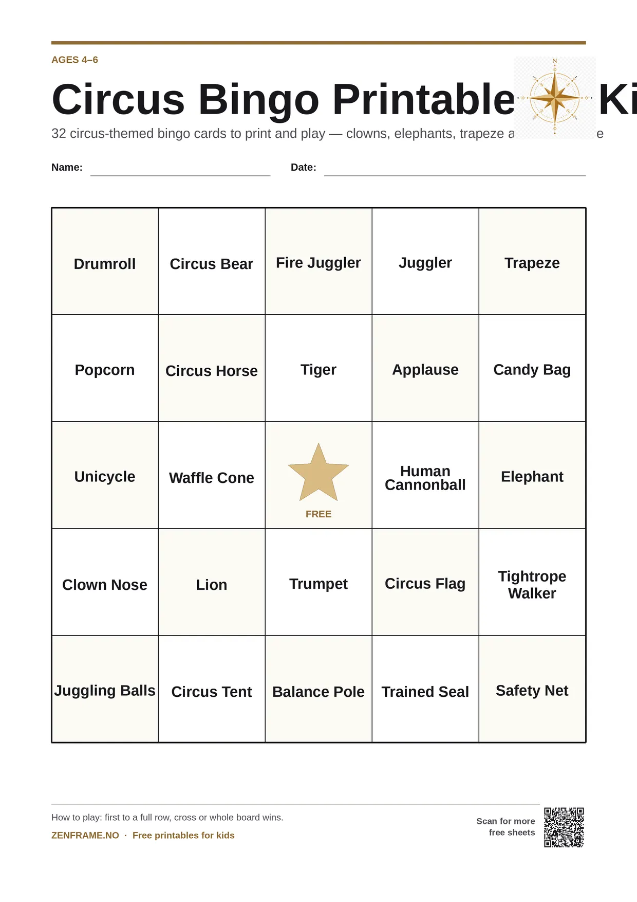 Circus Bingo Printable for kids ages 4–6 – free printable A4 board