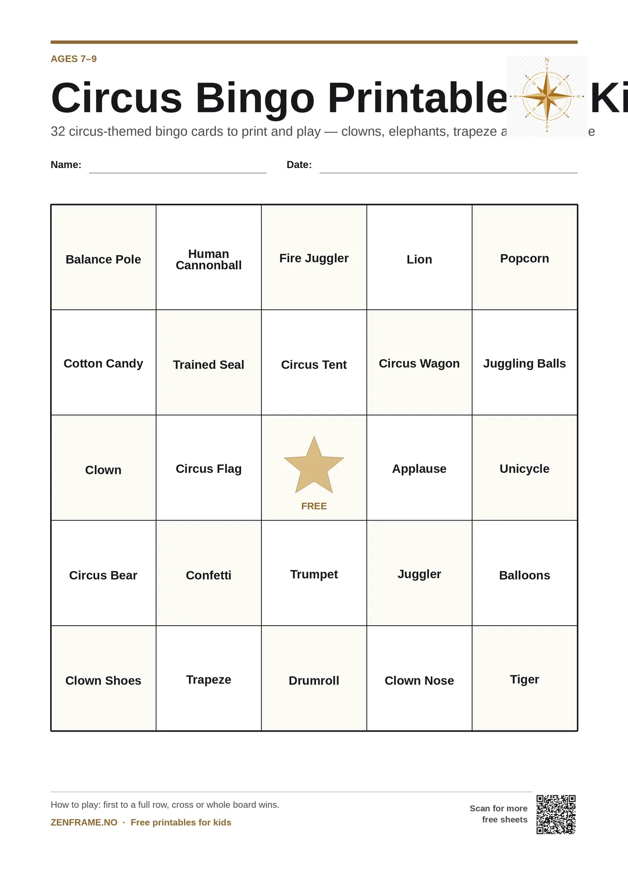 Circus Bingo Printable for kids ages 7–9 – free printable A4 board