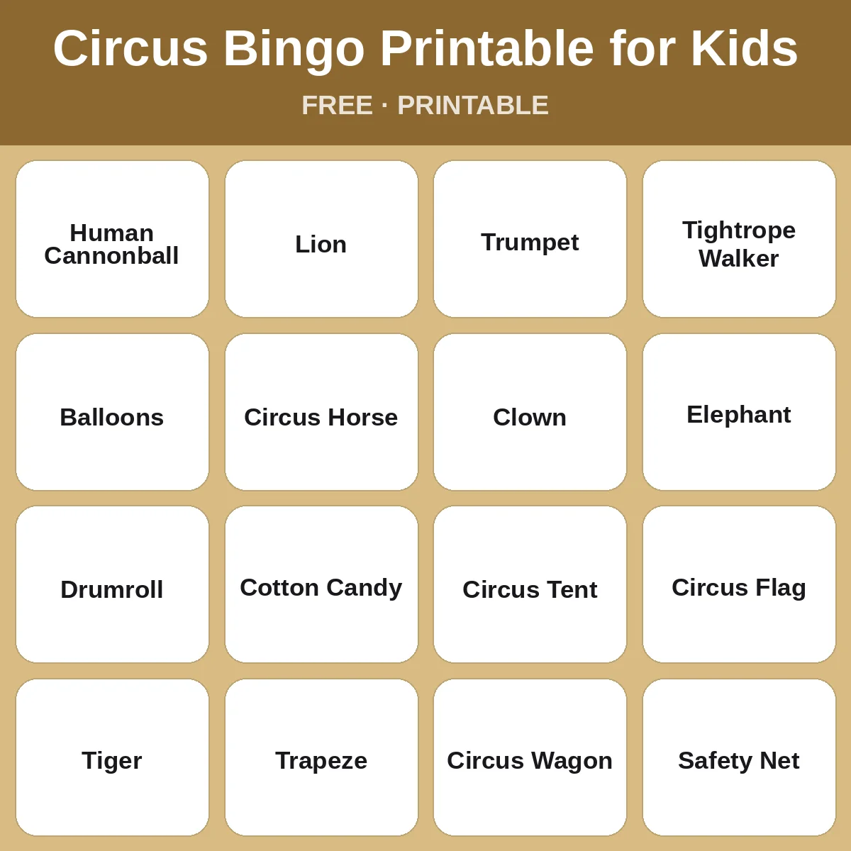Circus Bingo Printable for Kids – free printable bingo for kids