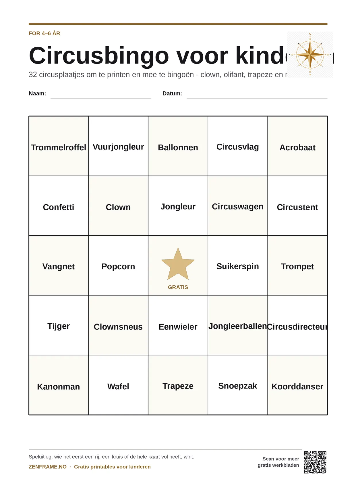 Circusbingo voor kinderen 4–6 jaar – gratis printbare A4-kaart