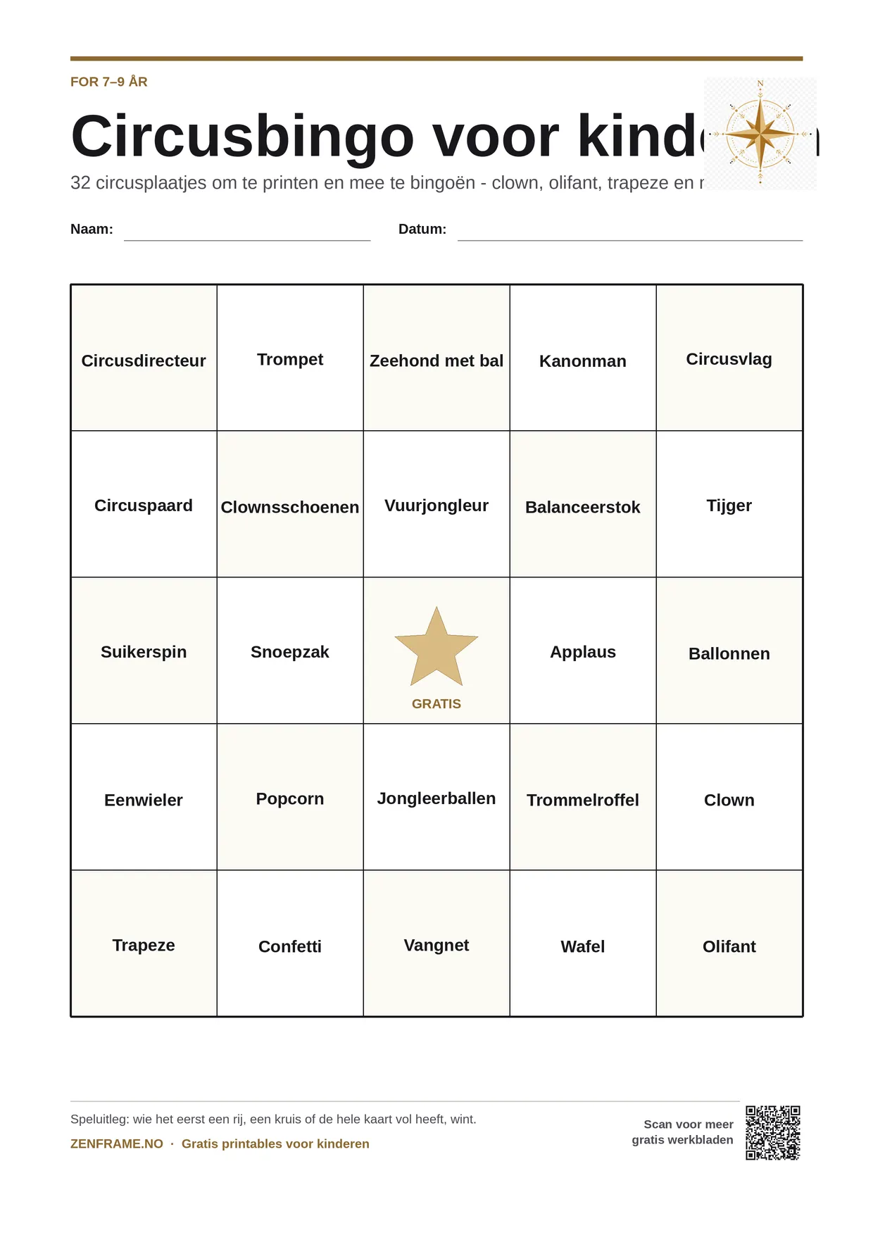 Circusbingo voor kinderen 7–9 jaar – gratis printbare A4-kaart