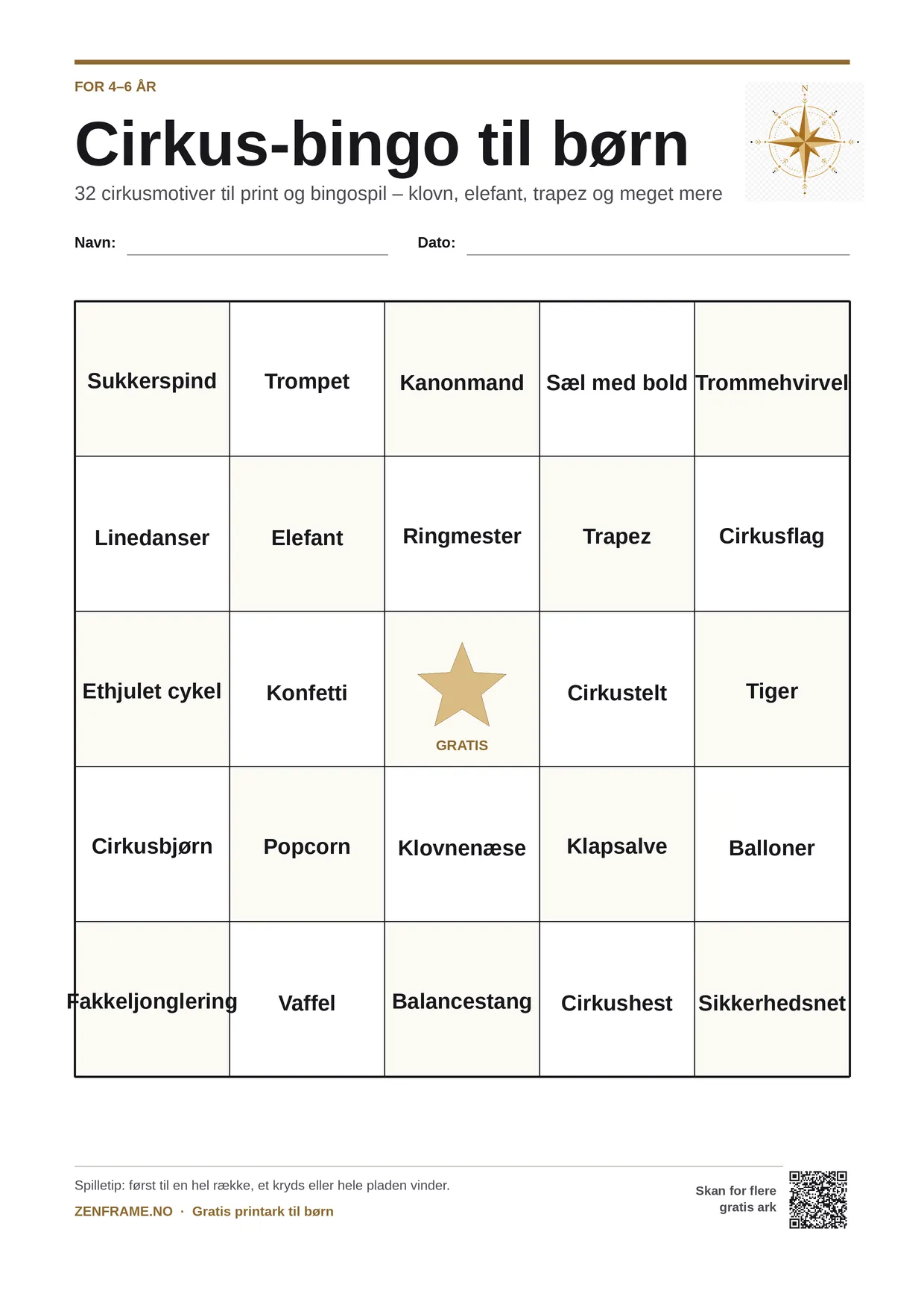 Cirkus-bingo for børn 4–6 år – gratis printbar A4-plade