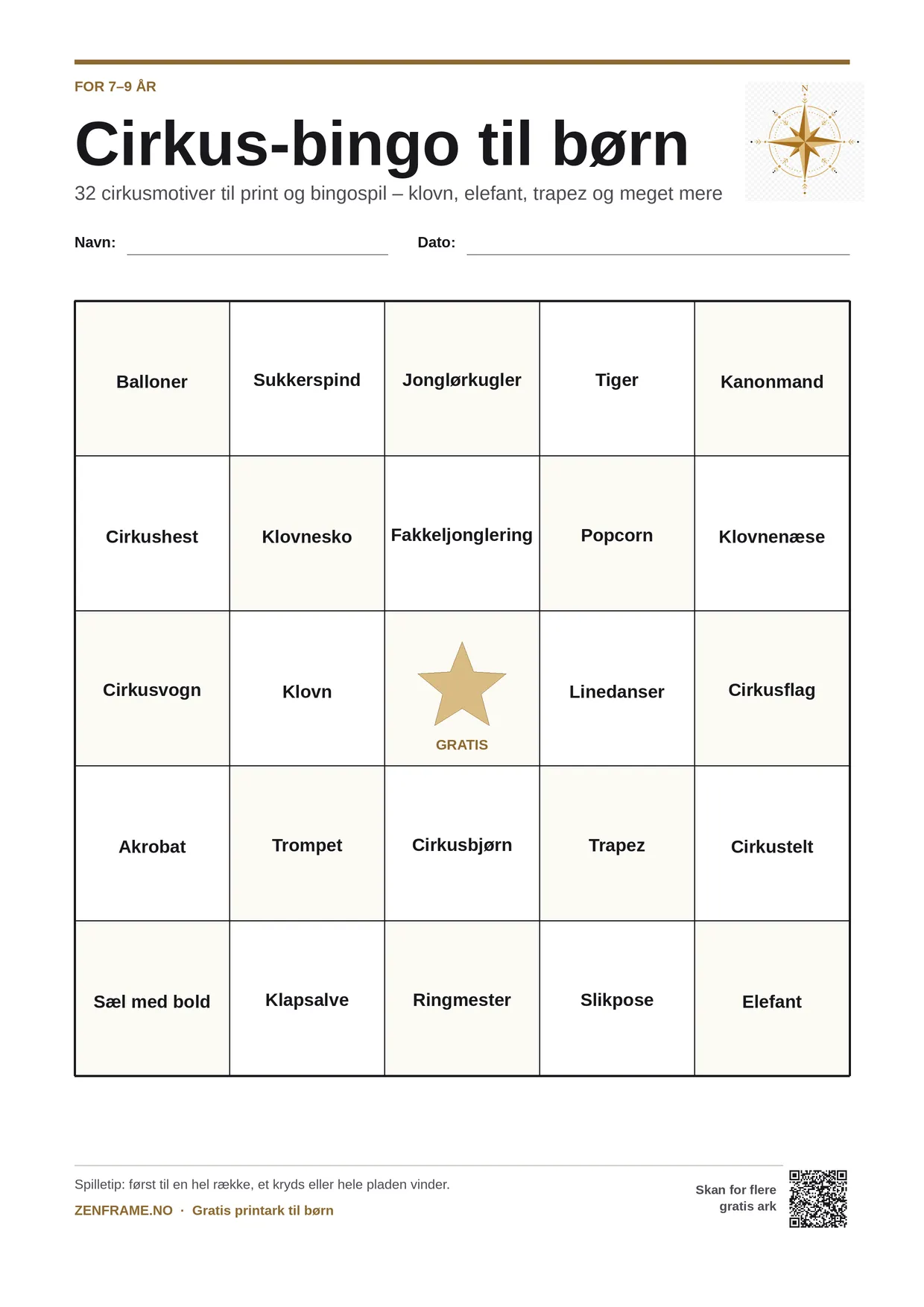 Cirkus-bingo for børn 7–9 år – gratis printbar A4-plade