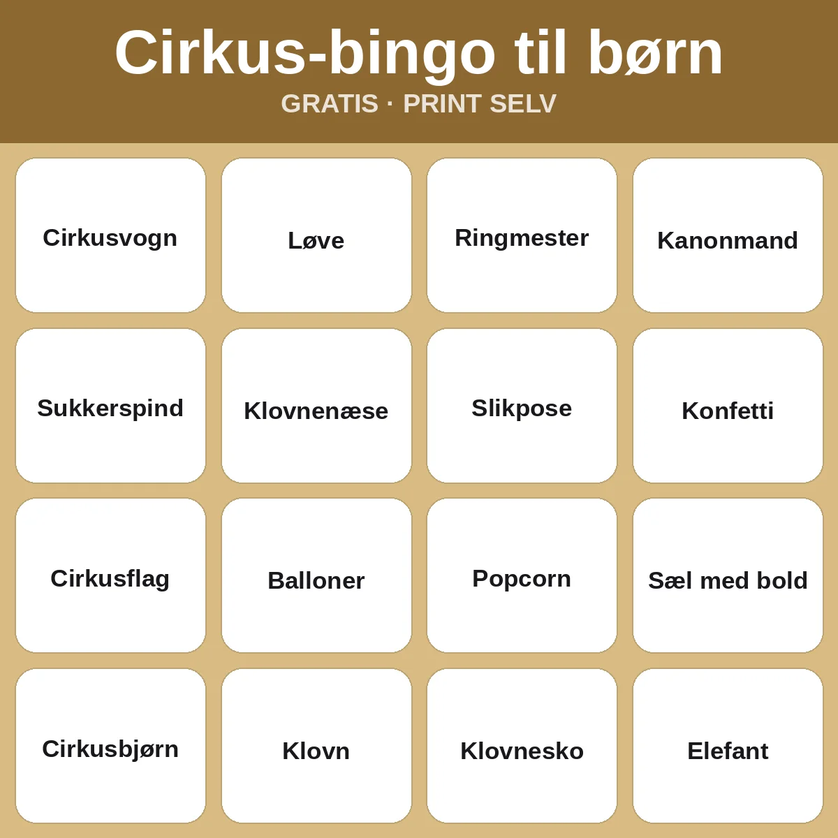 Cirkus-bingo til børn – gratis bingo til print for børn