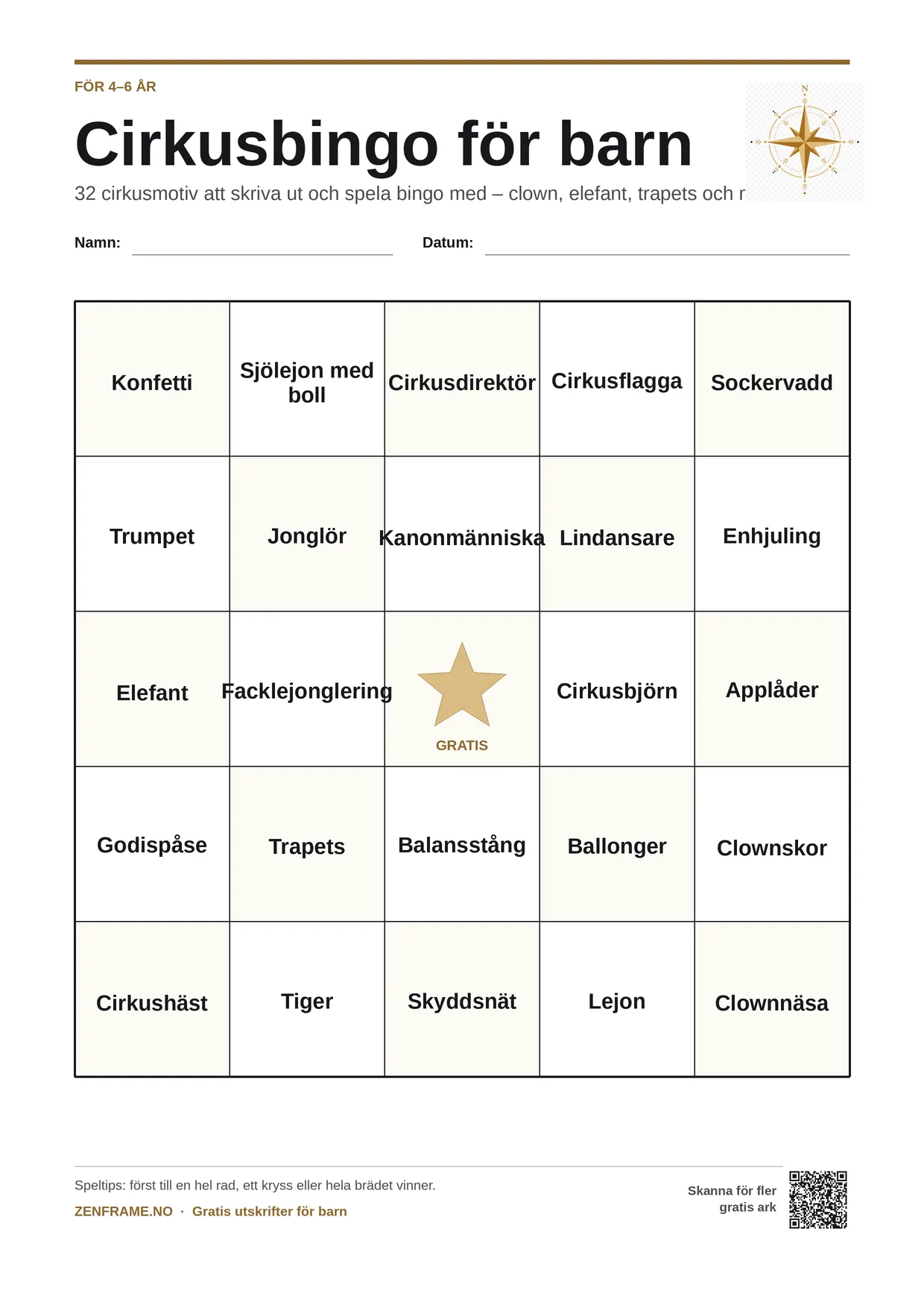 Cirkusbingo för barn 4–6 år – gratis utskrivbart A4-bräde