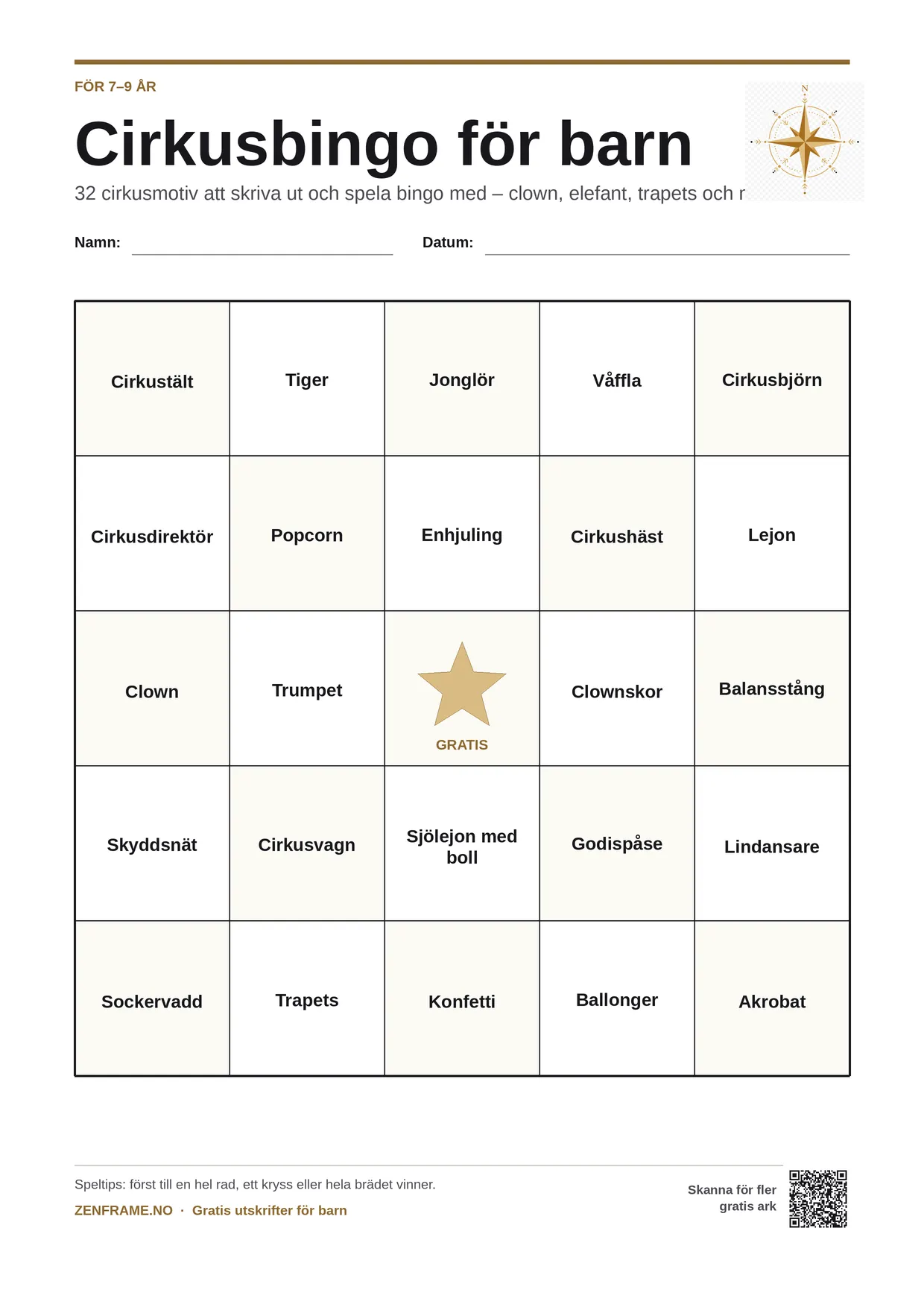 Cirkusbingo för barn 7–9 år – gratis utskrivbart A4-bräde
