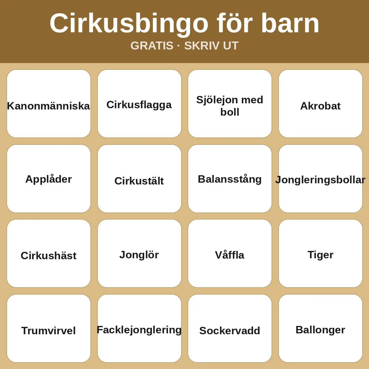 Cirkusbingo för barn – gratis bingo att skriva ut för barn