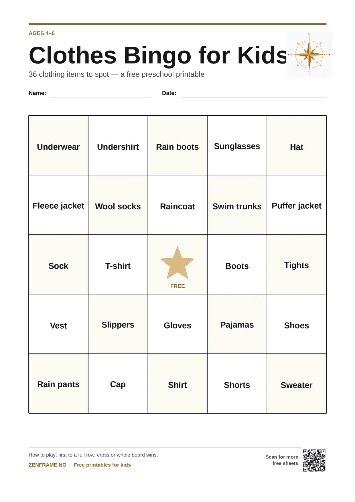 Clothes Bingo for kids ages 4–6 – free printable A4 board