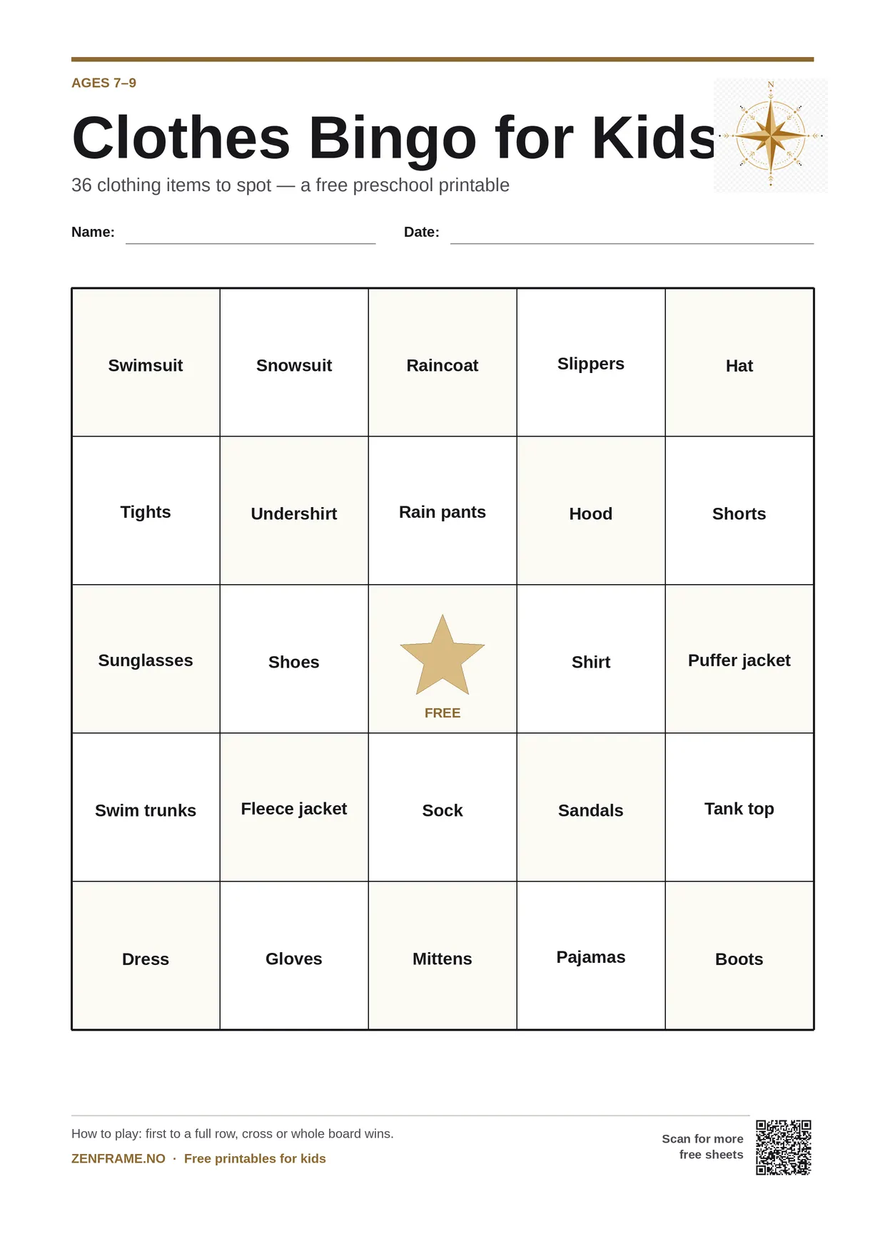 Clothes Bingo for kids ages 7–9 – free printable A4 board