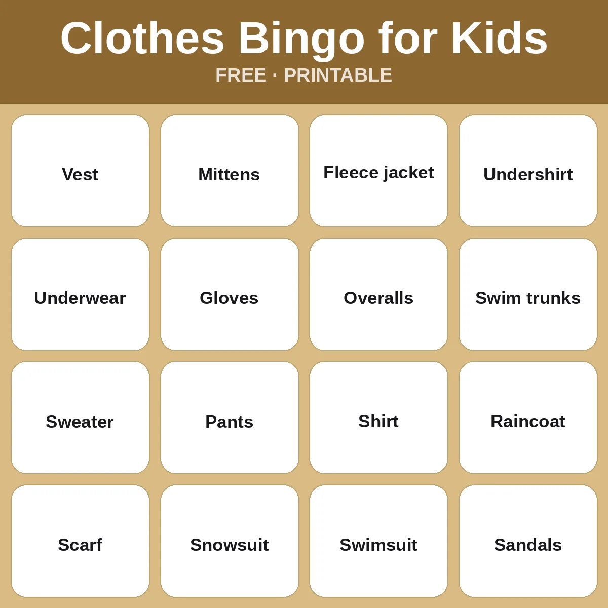 Clothes Bingo for Kids – free printable bingo for kids