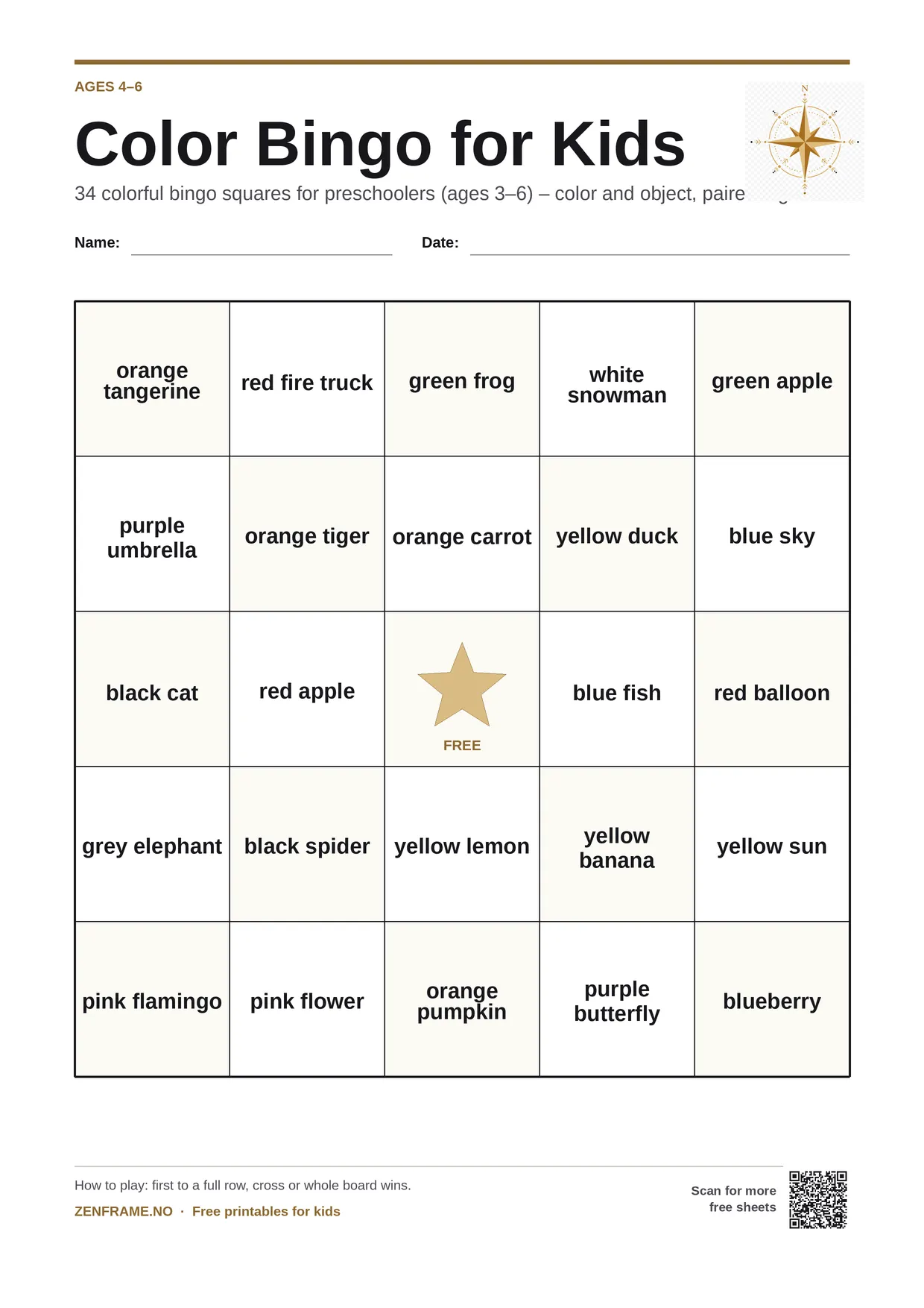Color Bingo for kids ages 4–6 – free printable A4 board