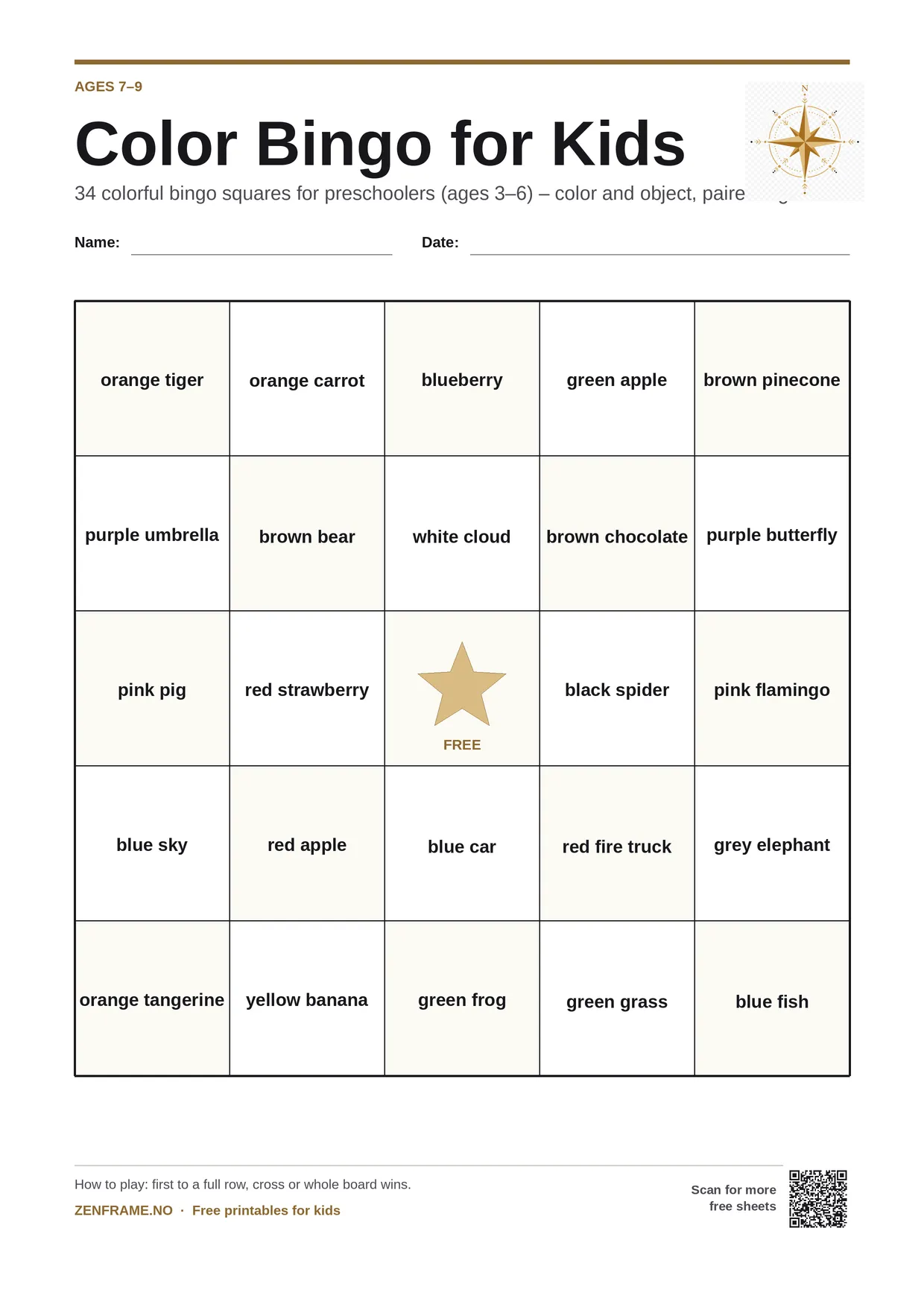 Color Bingo for kids ages 7–9 – free printable A4 board