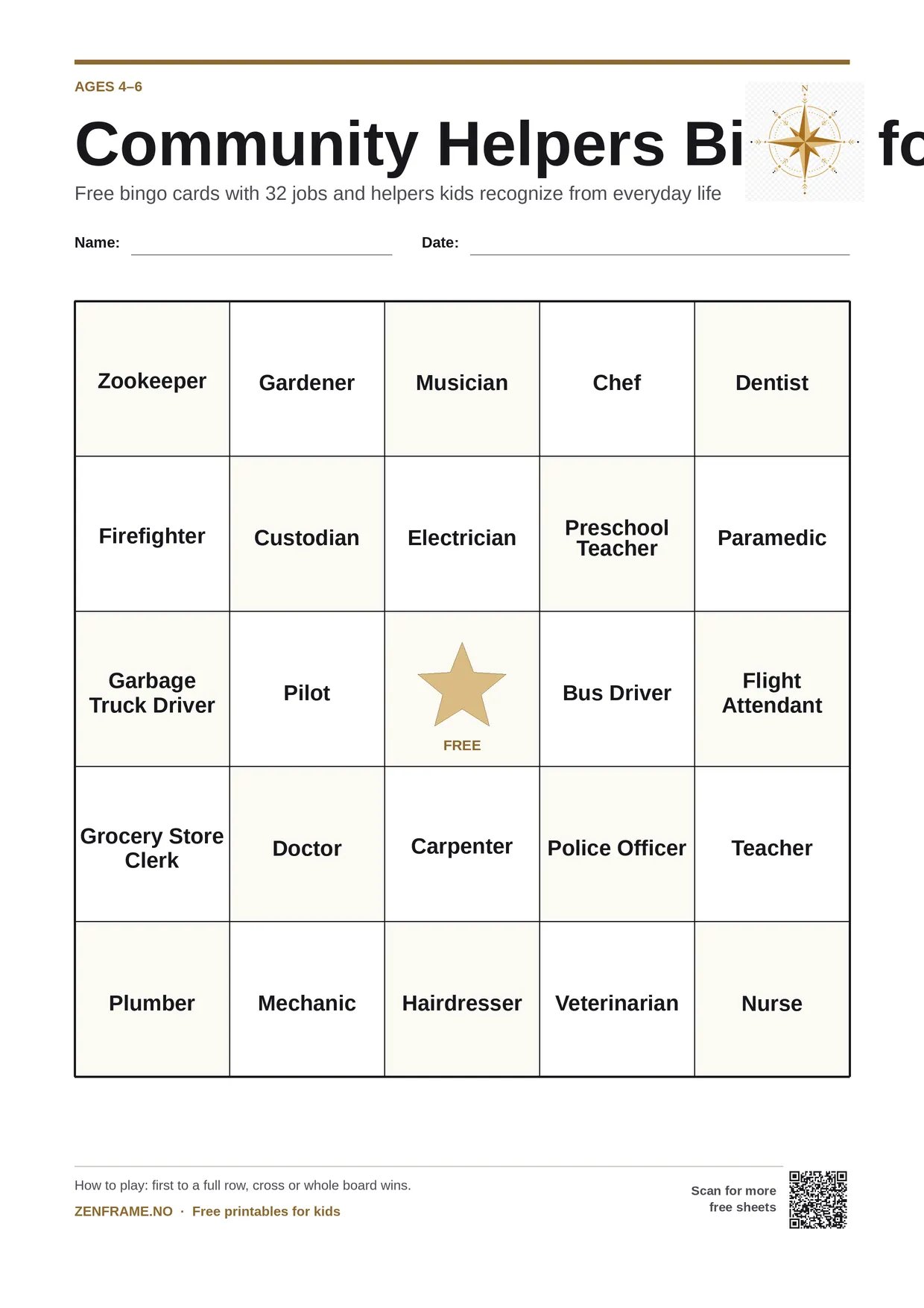 Community Helpers Bingo for kids ages 4–6 – free printable A4 board