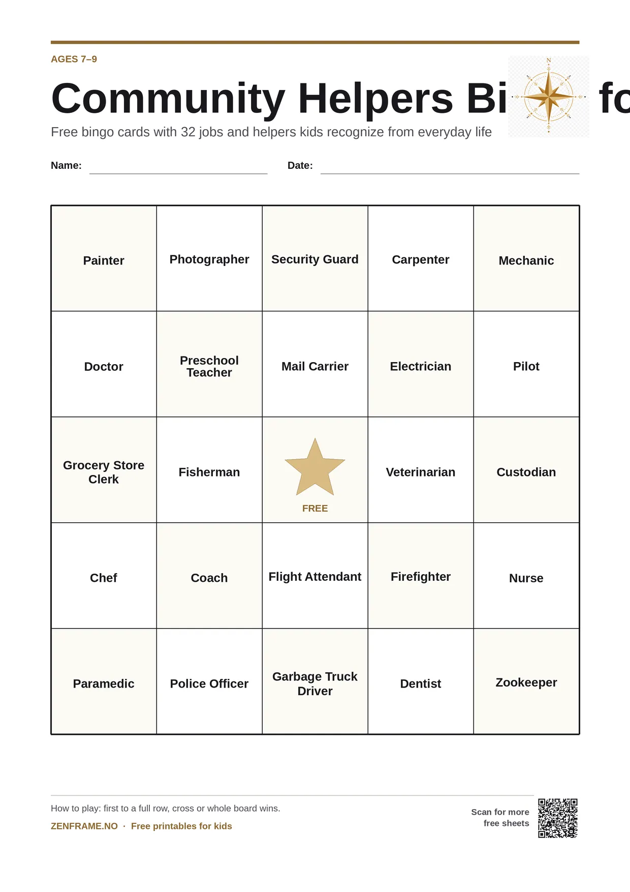 Community Helpers Bingo for kids ages 7–9 – free printable A4 board
