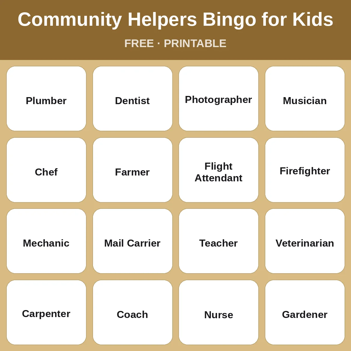 Community Helpers Bingo for Kids – free printable bingo for kids