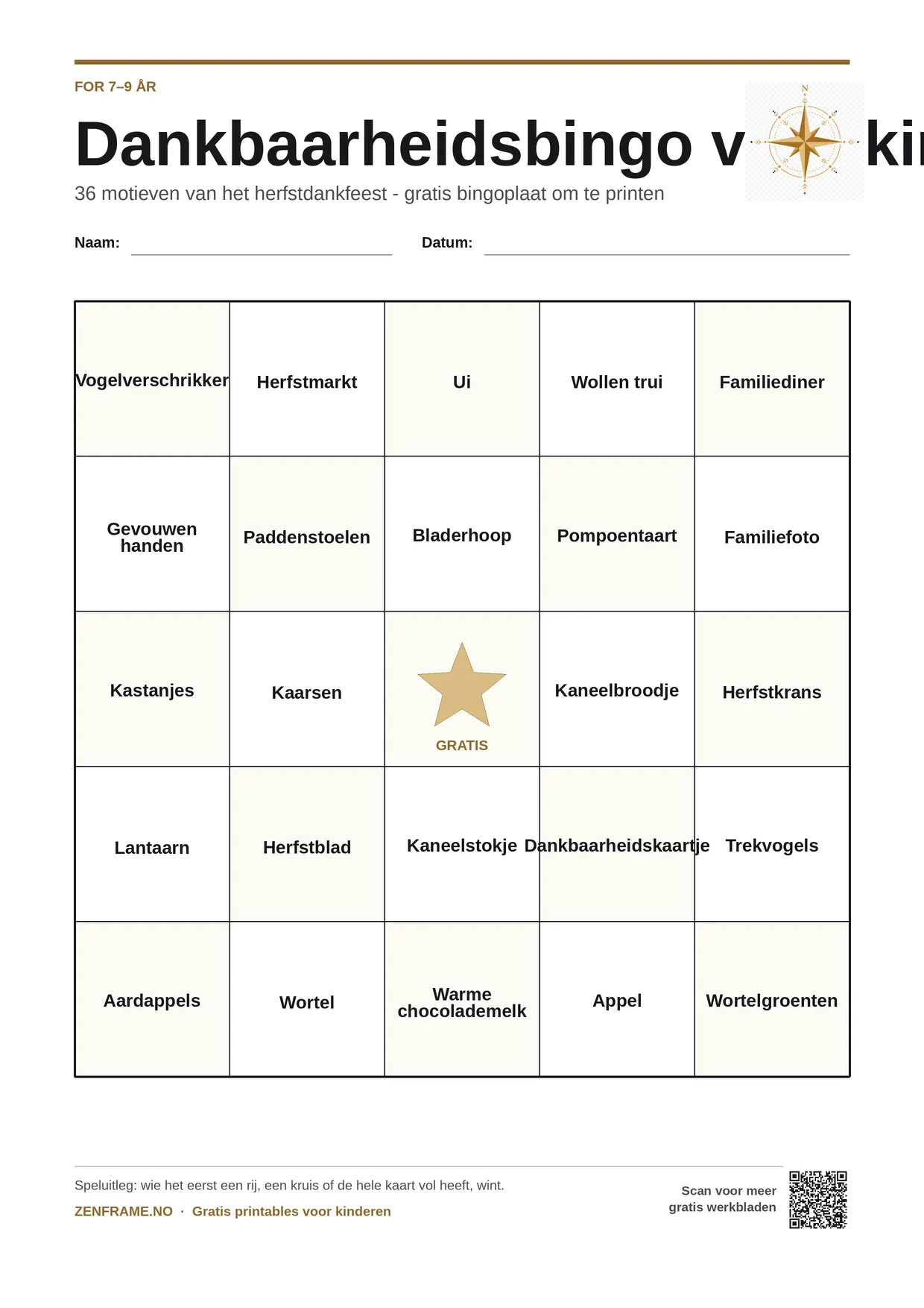 Dankbaarheidsbingo voor kinderen 7–9 jaar – gratis printbare A4-kaart