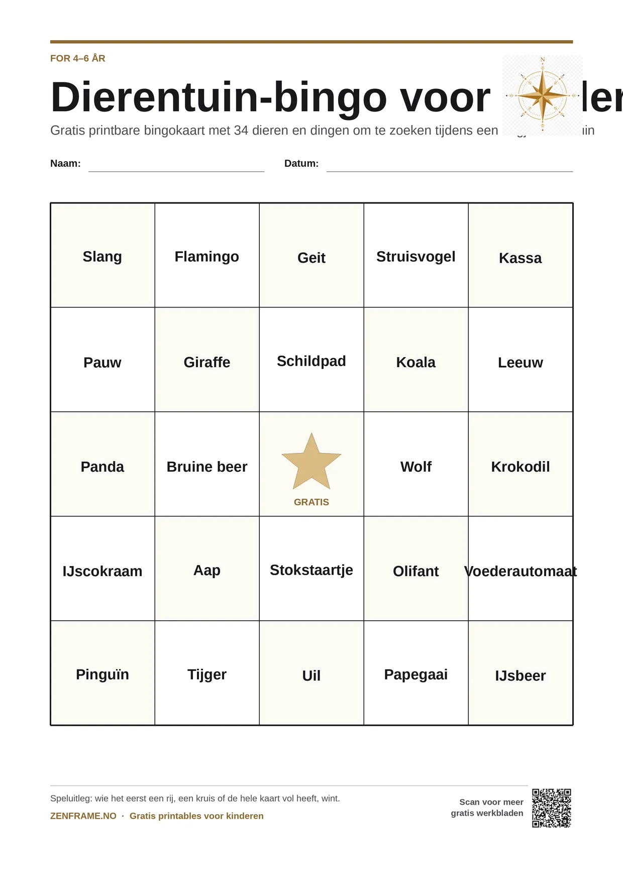 Dierentuin-bingo voor kinderen 4–6 jaar – gratis printbare A4-kaart