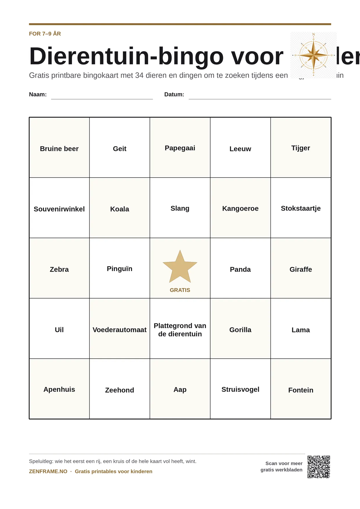 Dierentuin-bingo voor kinderen 7–9 jaar – gratis printbare A4-kaart