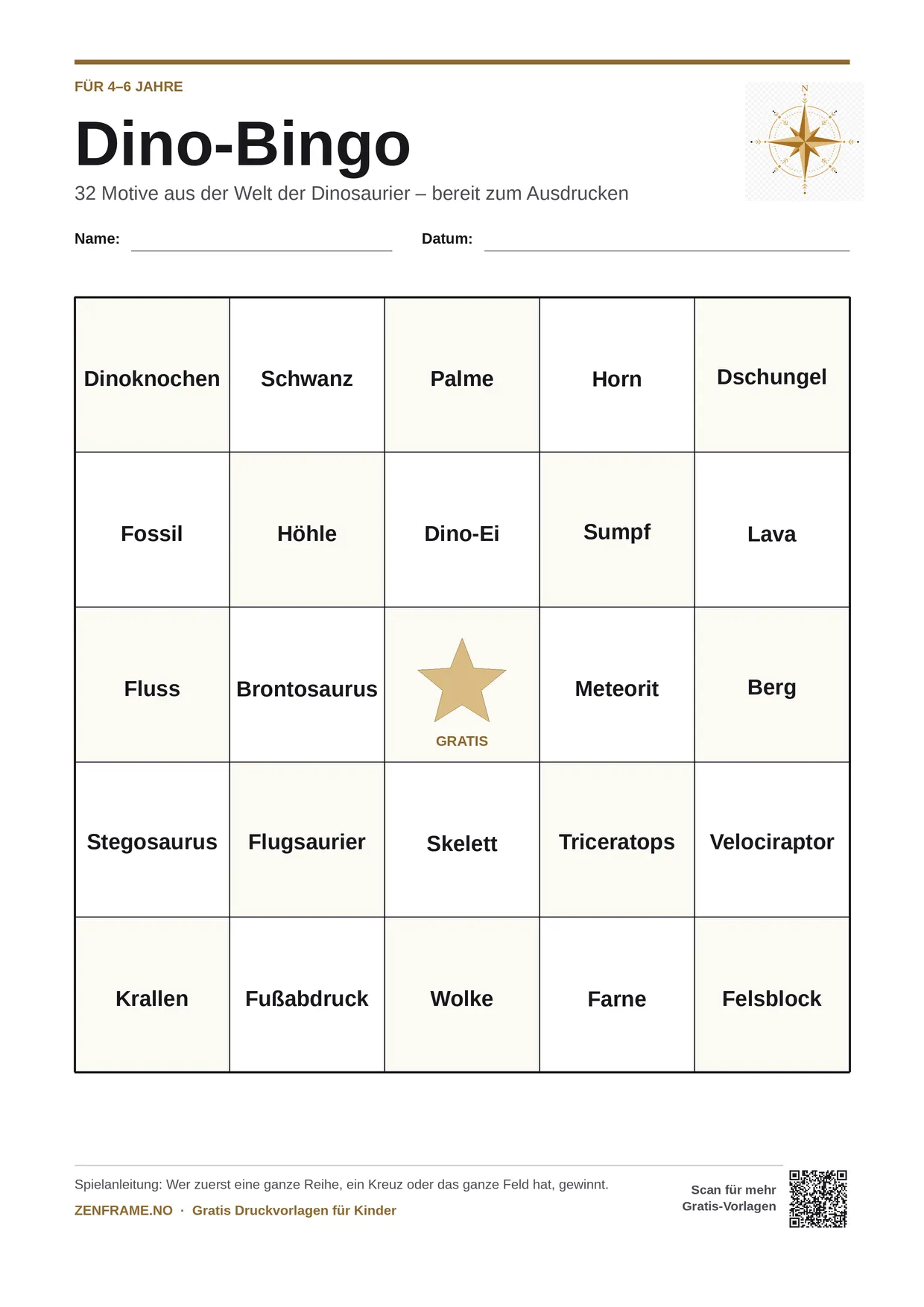 Dino-Bingo für Kinder 4–6 Jahre – kostenlose A4-Vorlage zum Ausdrucken
