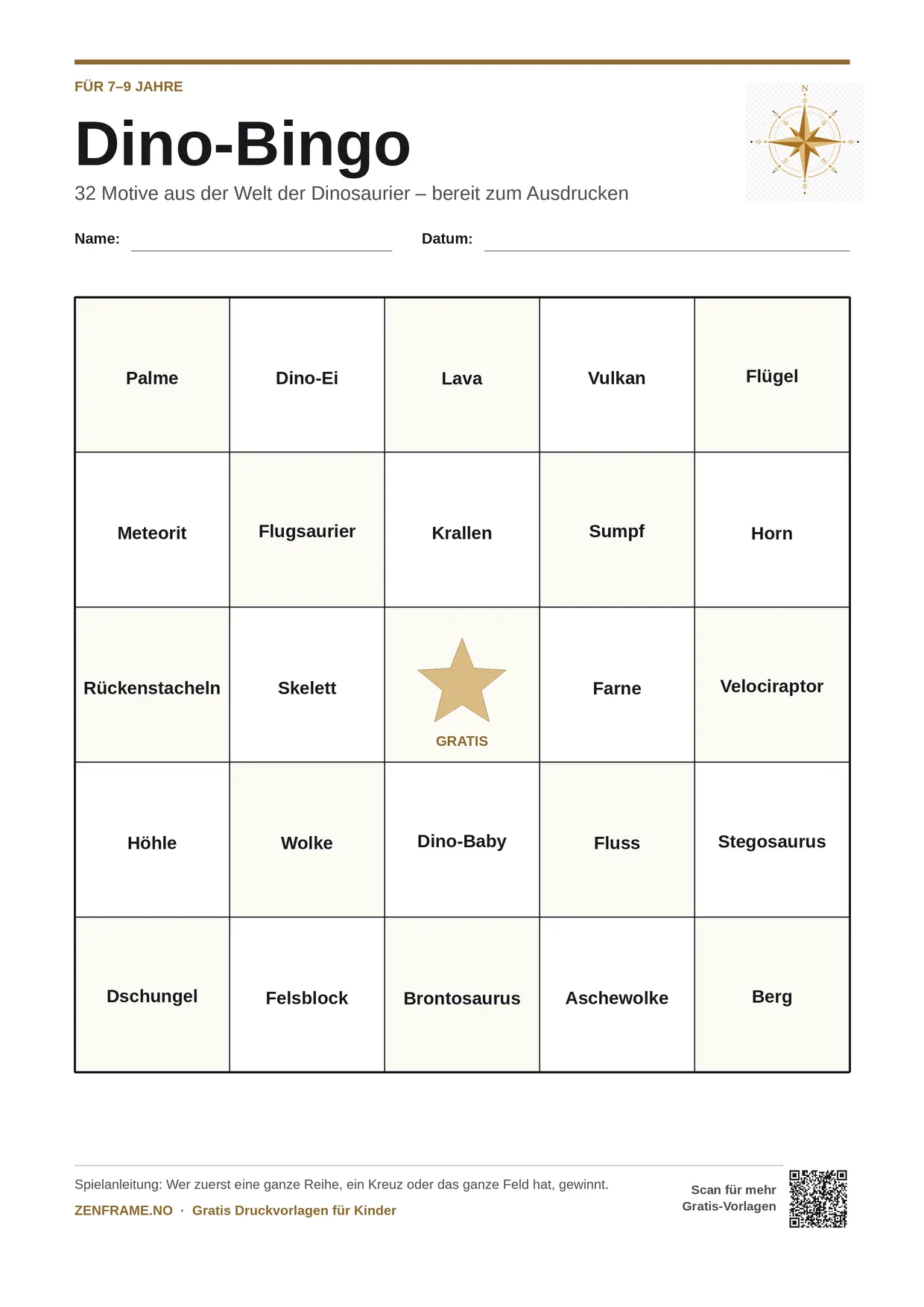 Dino-Bingo für Kinder 7–9 Jahre – kostenlose A4-Vorlage zum Ausdrucken
