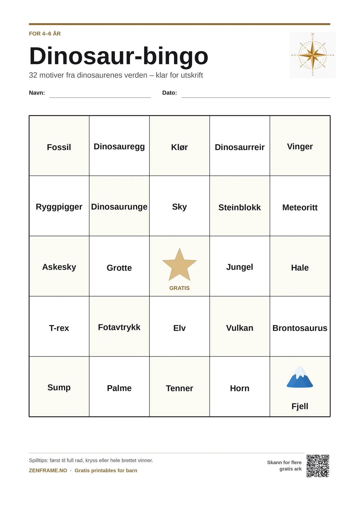 Dinosaur-bingo for barn 4–6 år – gratis utskrivbart A4-brett