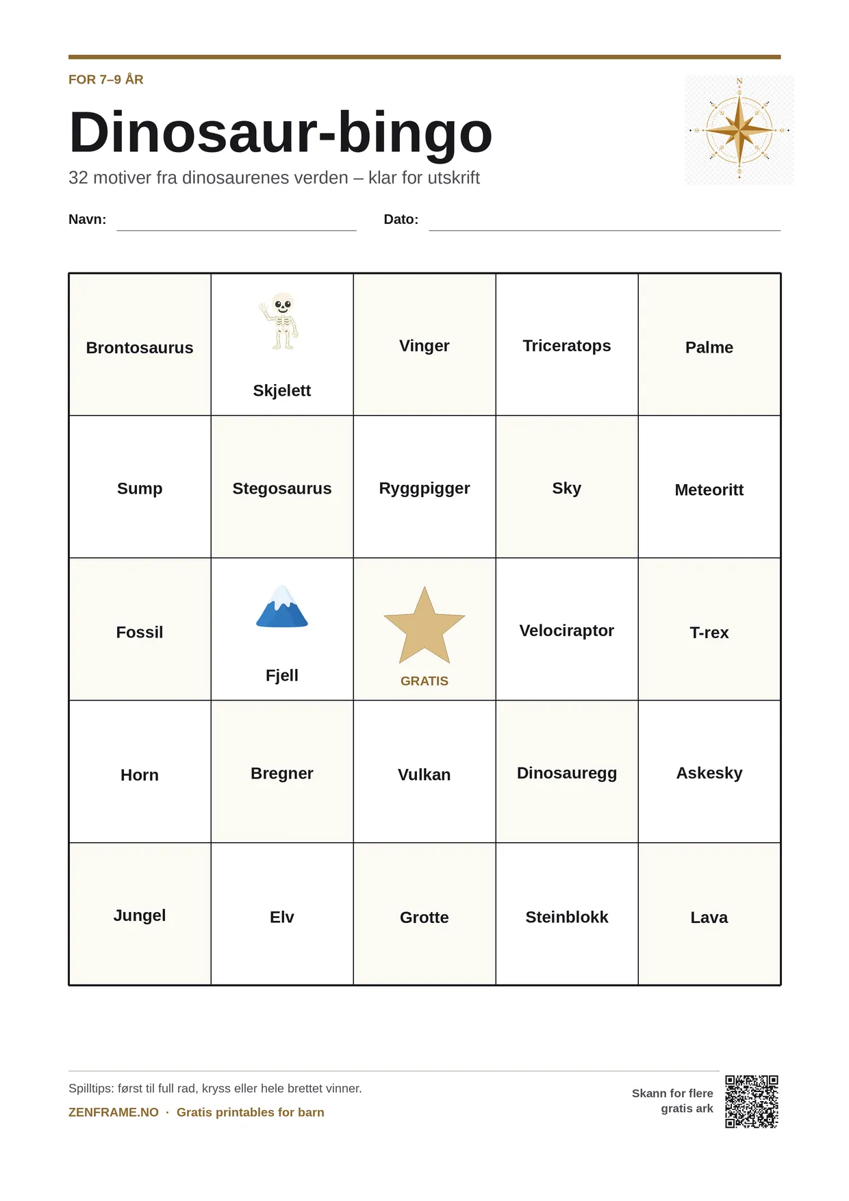 Dinosaur-bingo for barn 7–9 år – gratis utskrivbart A4-brett