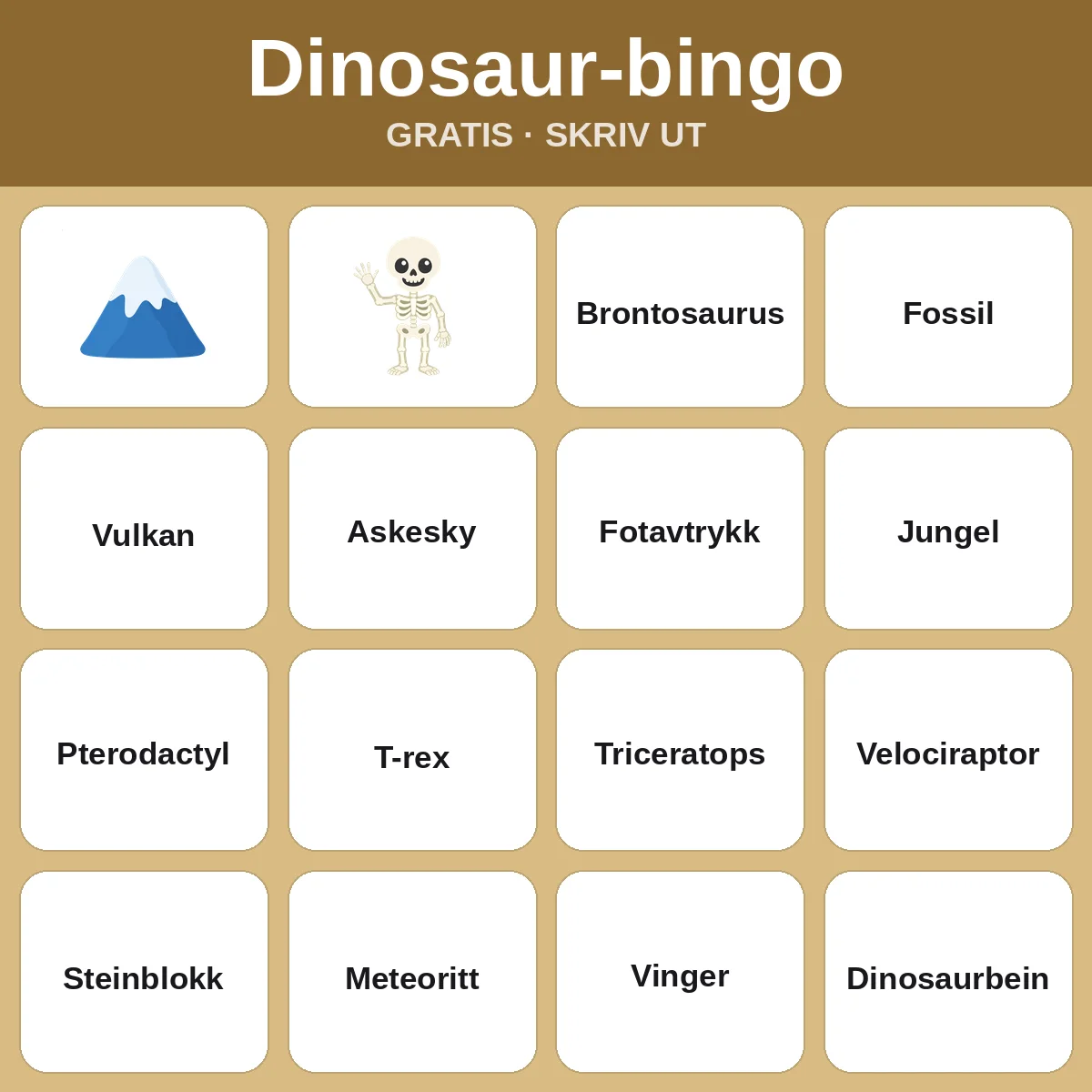 Dinosaur-bingo – gratis bingo til utskrift for barn
