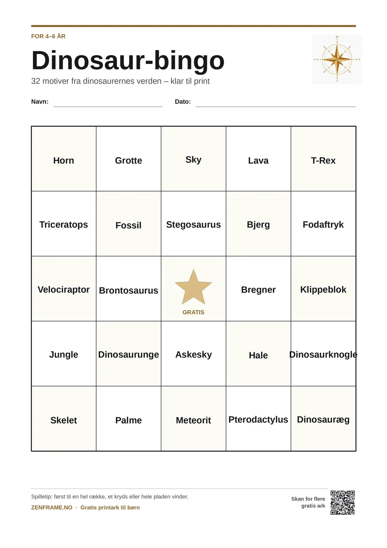 Dinosaur-bingo for børn 4–6 år – gratis printbar A4-plade
