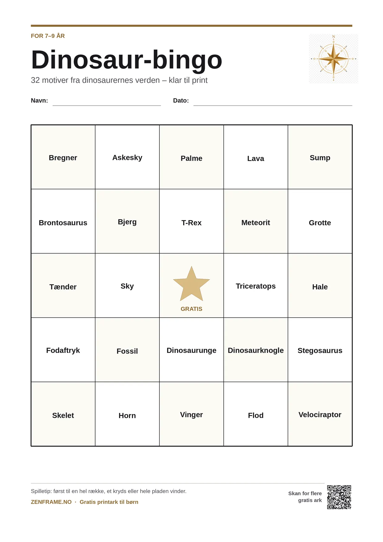 Dinosaur-bingo for børn 7–9 år – gratis printbar A4-plade