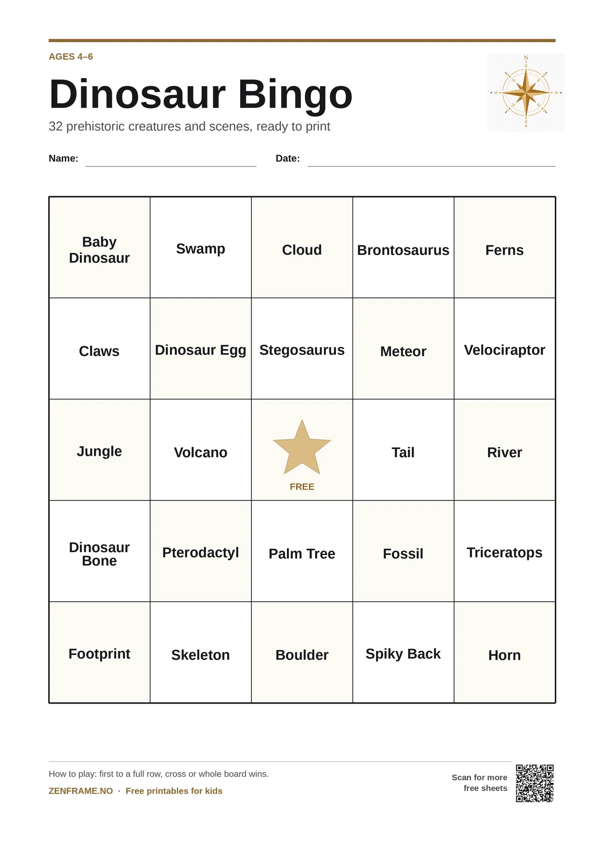 Dinosaur Bingo for kids ages 4–6 – free printable A4 board