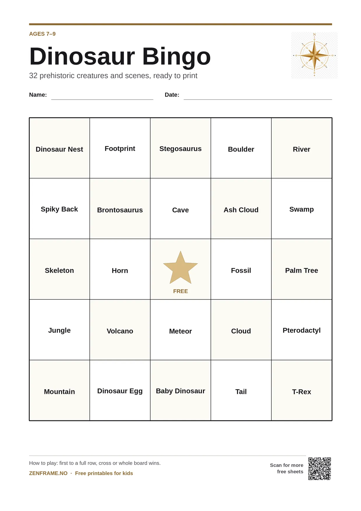 Dinosaur Bingo for kids ages 7–9 – free printable A4 board