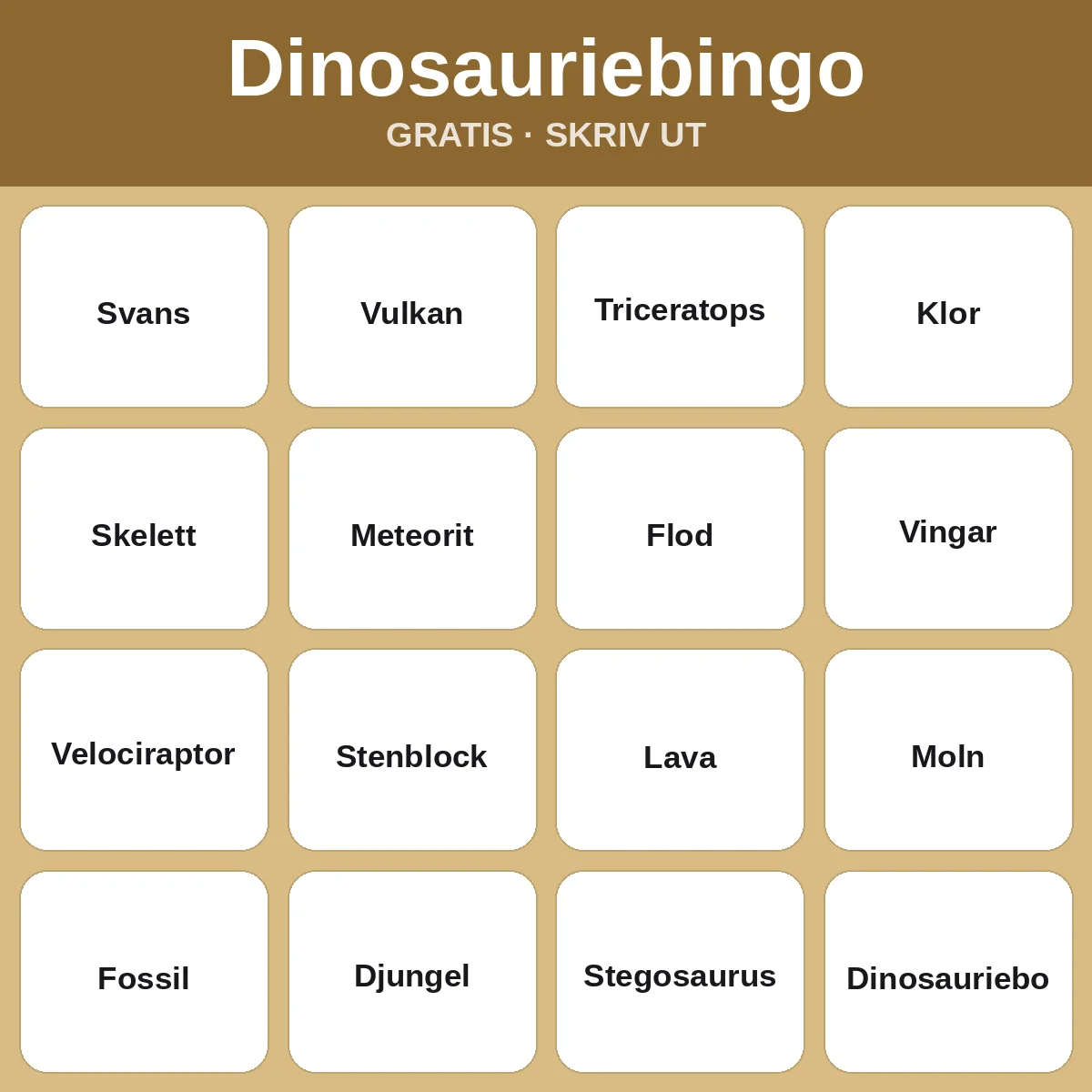 Dinosauriebingo – gratis bingo att skriva ut för barn