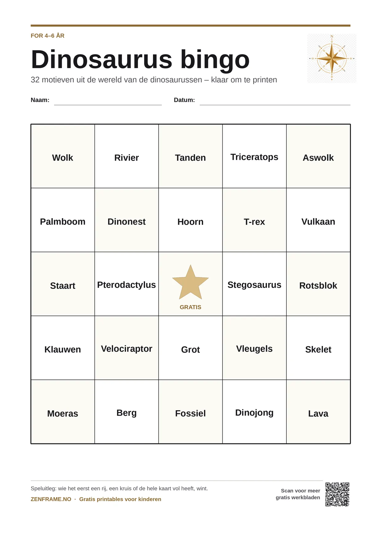Dinosaurus bingo voor kinderen 4–6 jaar – gratis printbare A4-kaart