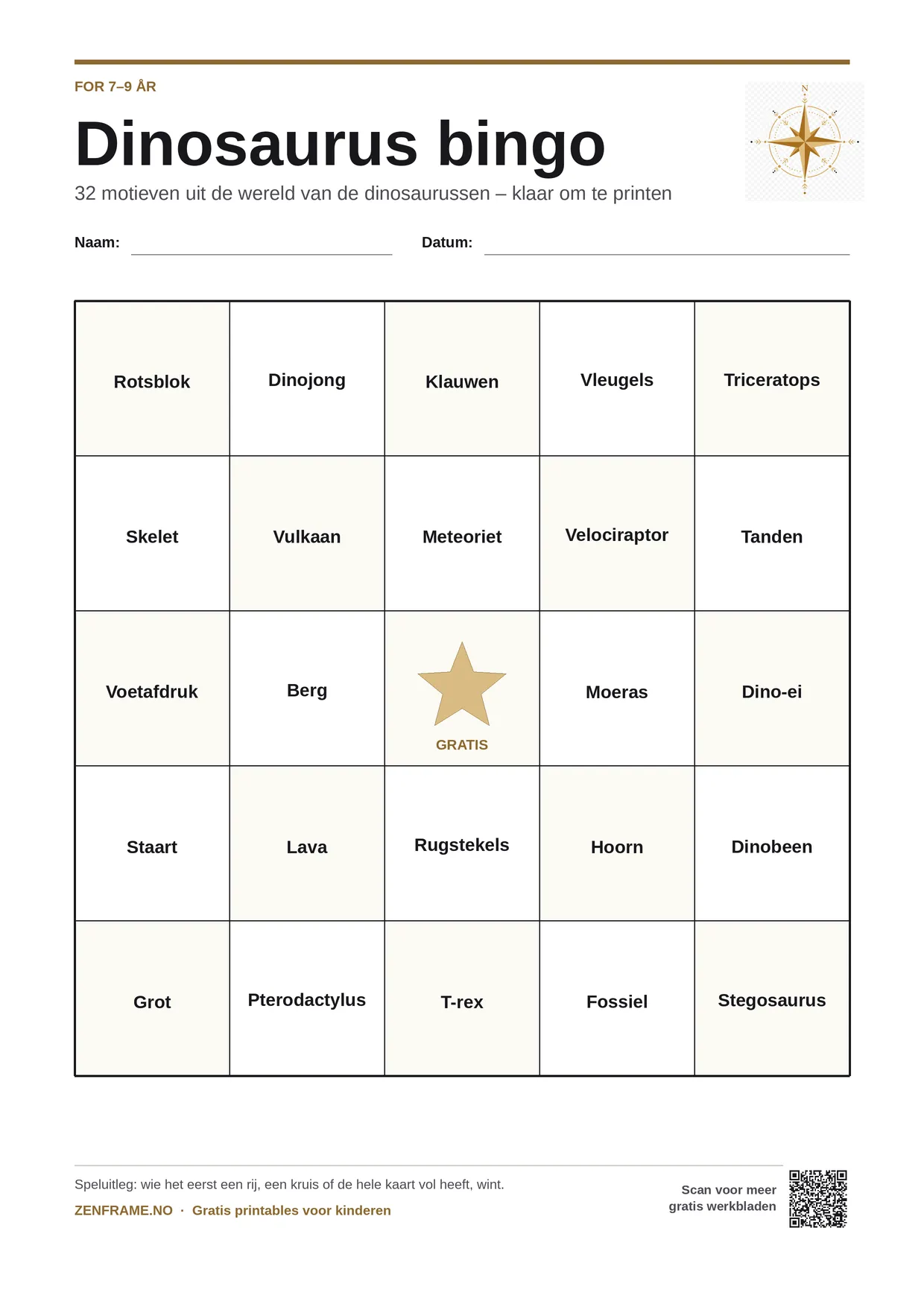Dinosaurus bingo voor kinderen 7–9 jaar – gratis printbare A4-kaart