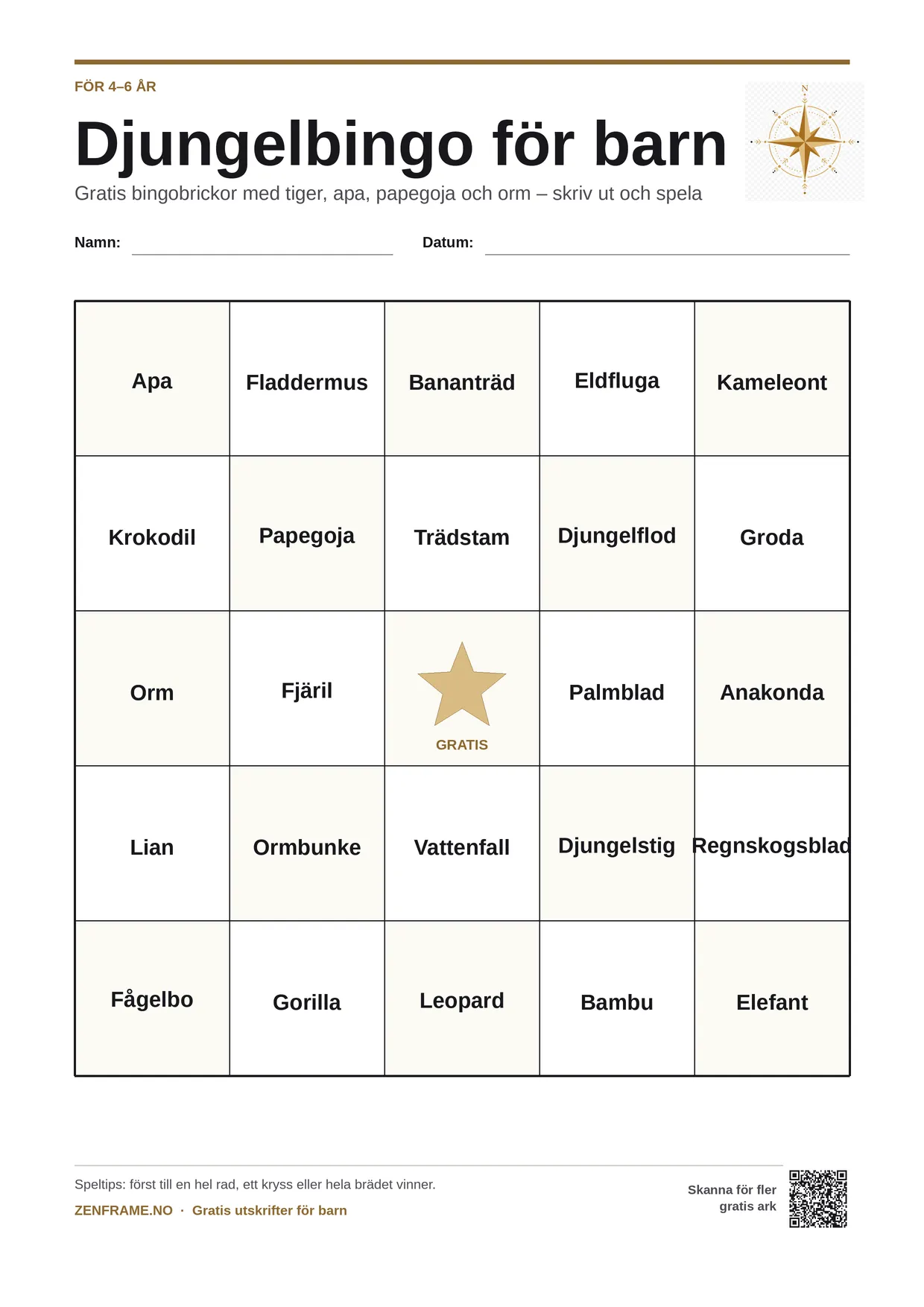 Djungelbingo för barn 4–6 år – gratis utskrivbart A4-bräde