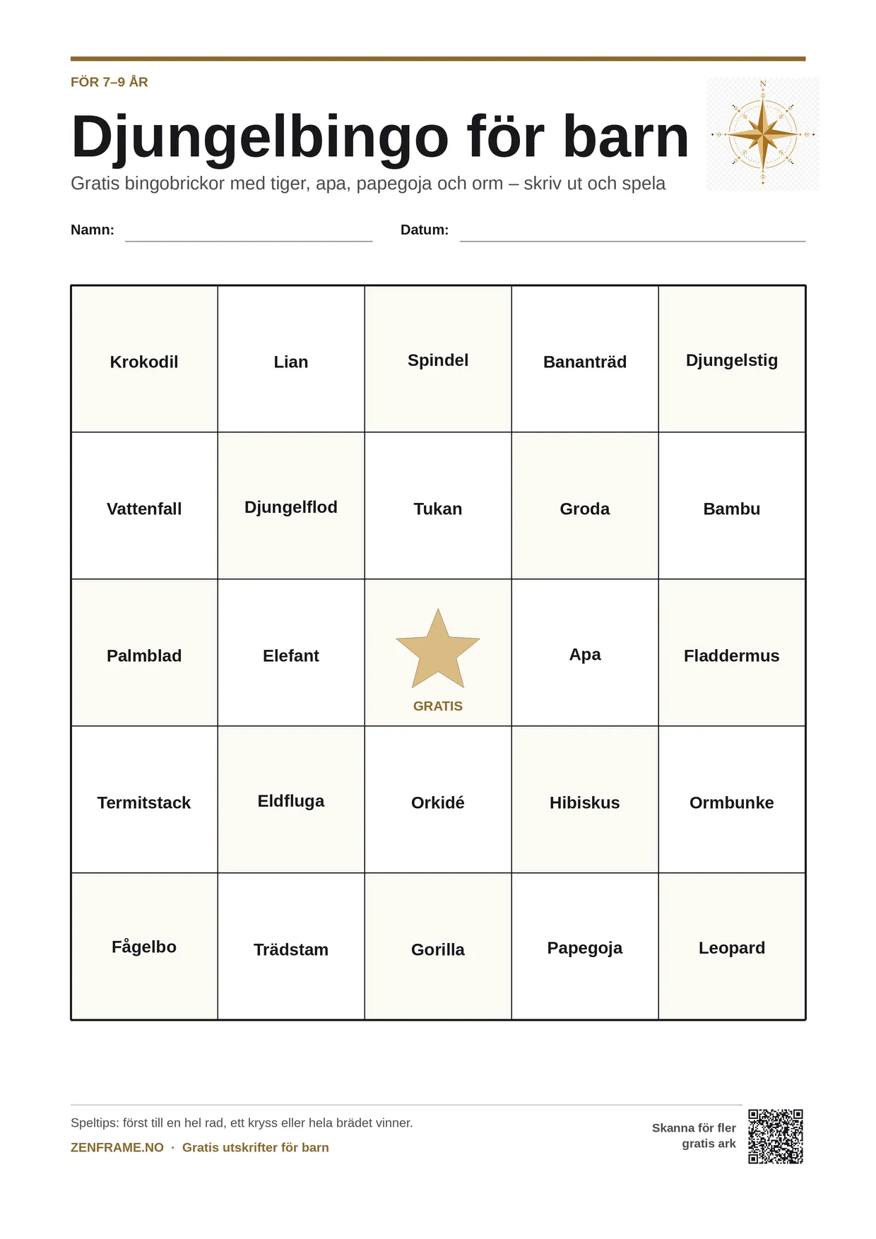 Djungelbingo för barn 7–9 år – gratis utskrivbart A4-bräde