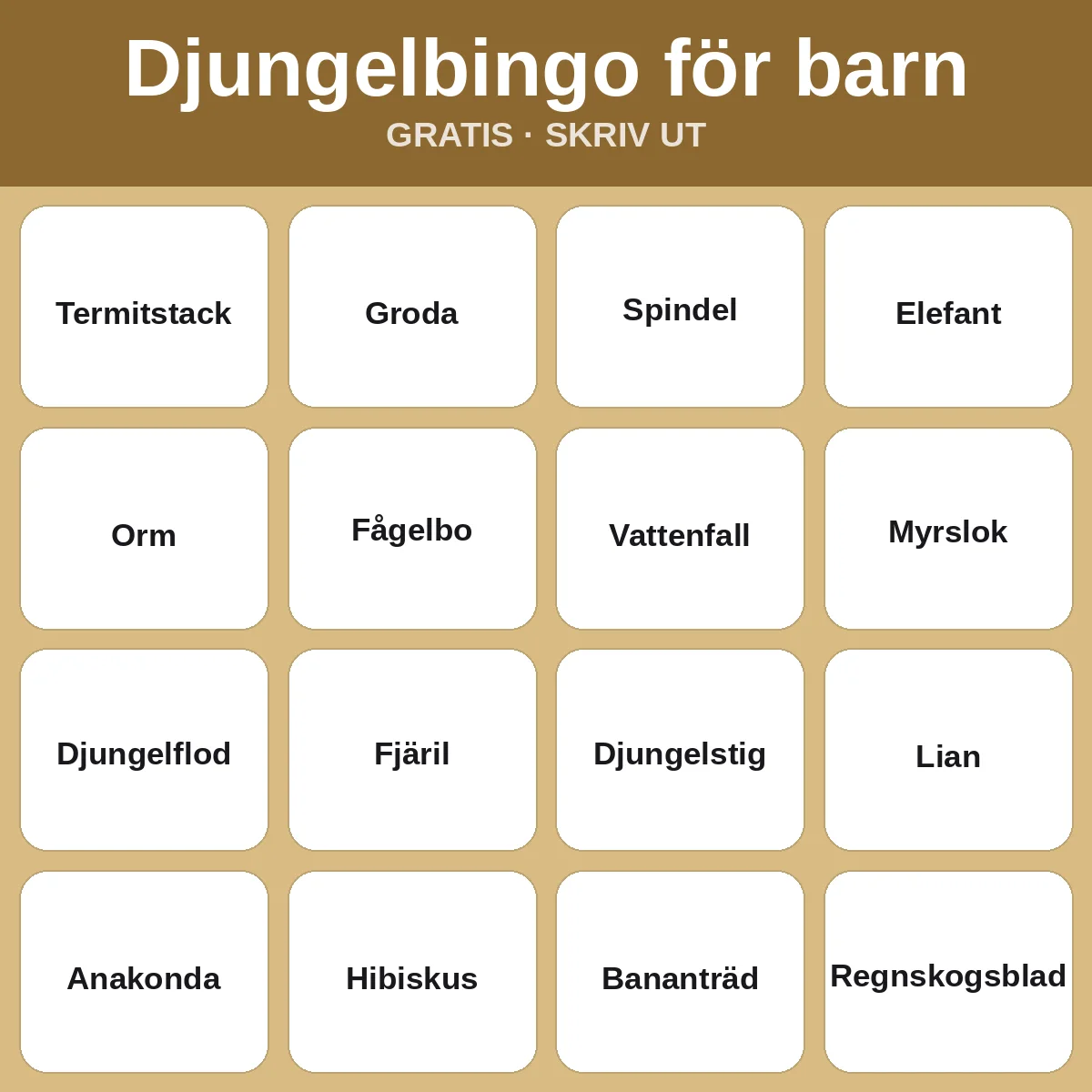 Djungelbingo för barn – gratis bingo att skriva ut för barn