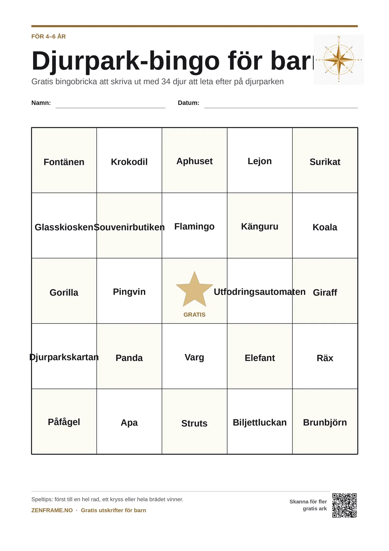 Djurpark-bingo för barn 4–6 år – gratis utskrivbart A4-bräde