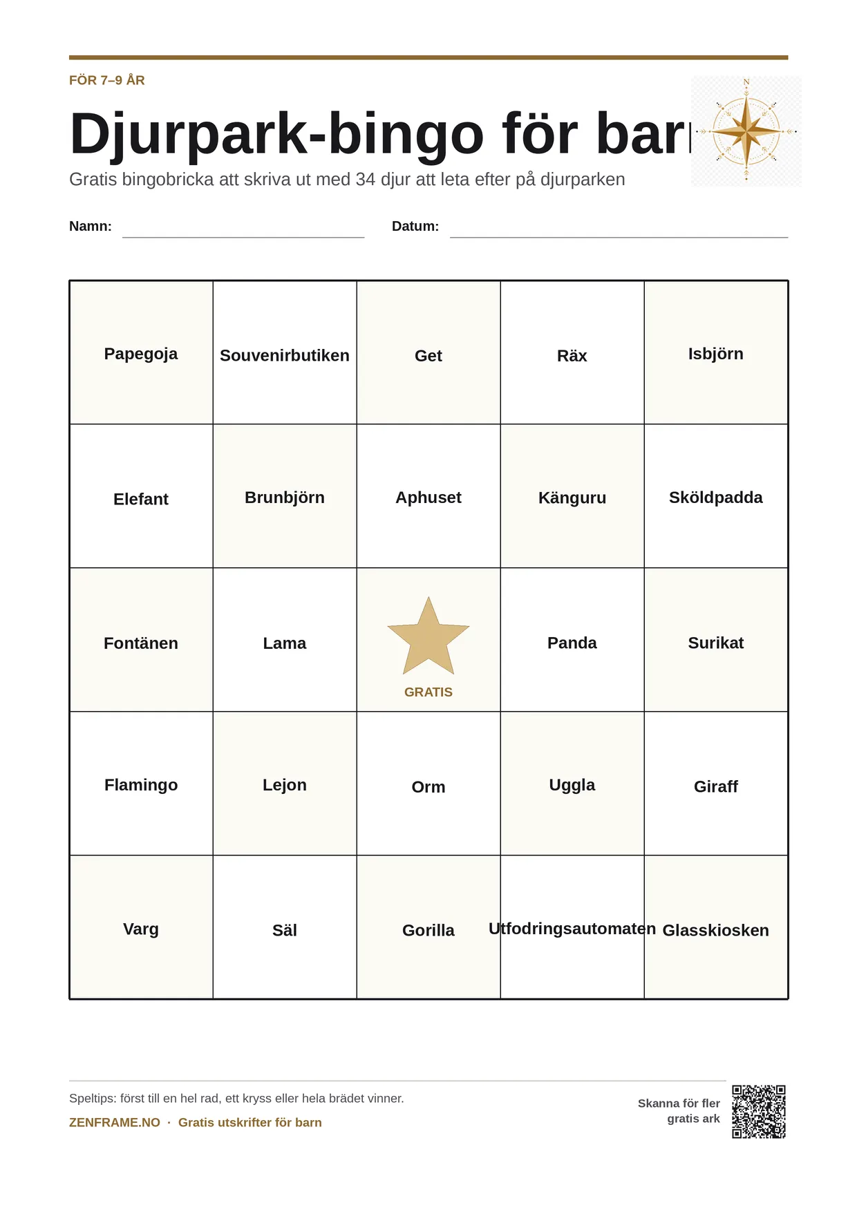 Djurpark-bingo för barn 7–9 år – gratis utskrivbart A4-bräde