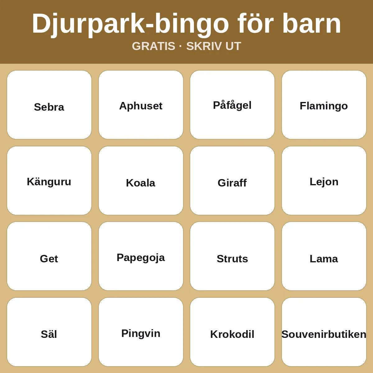 Djurpark-bingo för barn – gratis bingo att skriva ut för barn