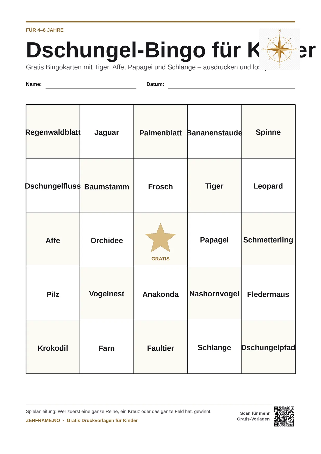 Dschungel-Bingo für Kinder 4–6 Jahre – kostenlose A4-Vorlage zum Ausdrucken