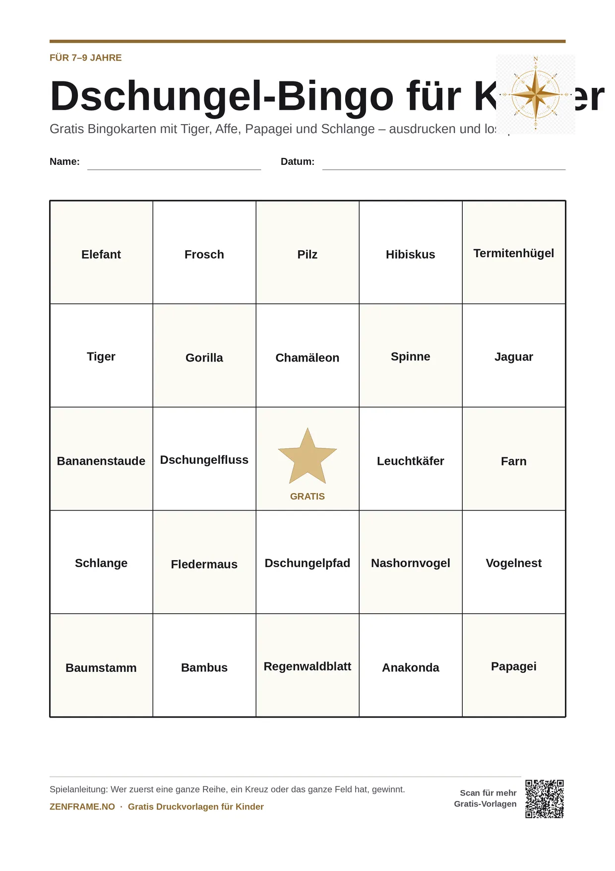 Dschungel-Bingo für Kinder 7–9 Jahre – kostenlose A4-Vorlage zum Ausdrucken