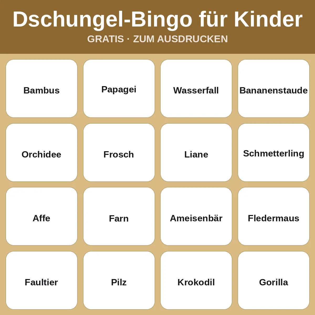 Dschungel-Bingo für Kinder – kostenloses Bingo zum Ausdrucken für Kinder
